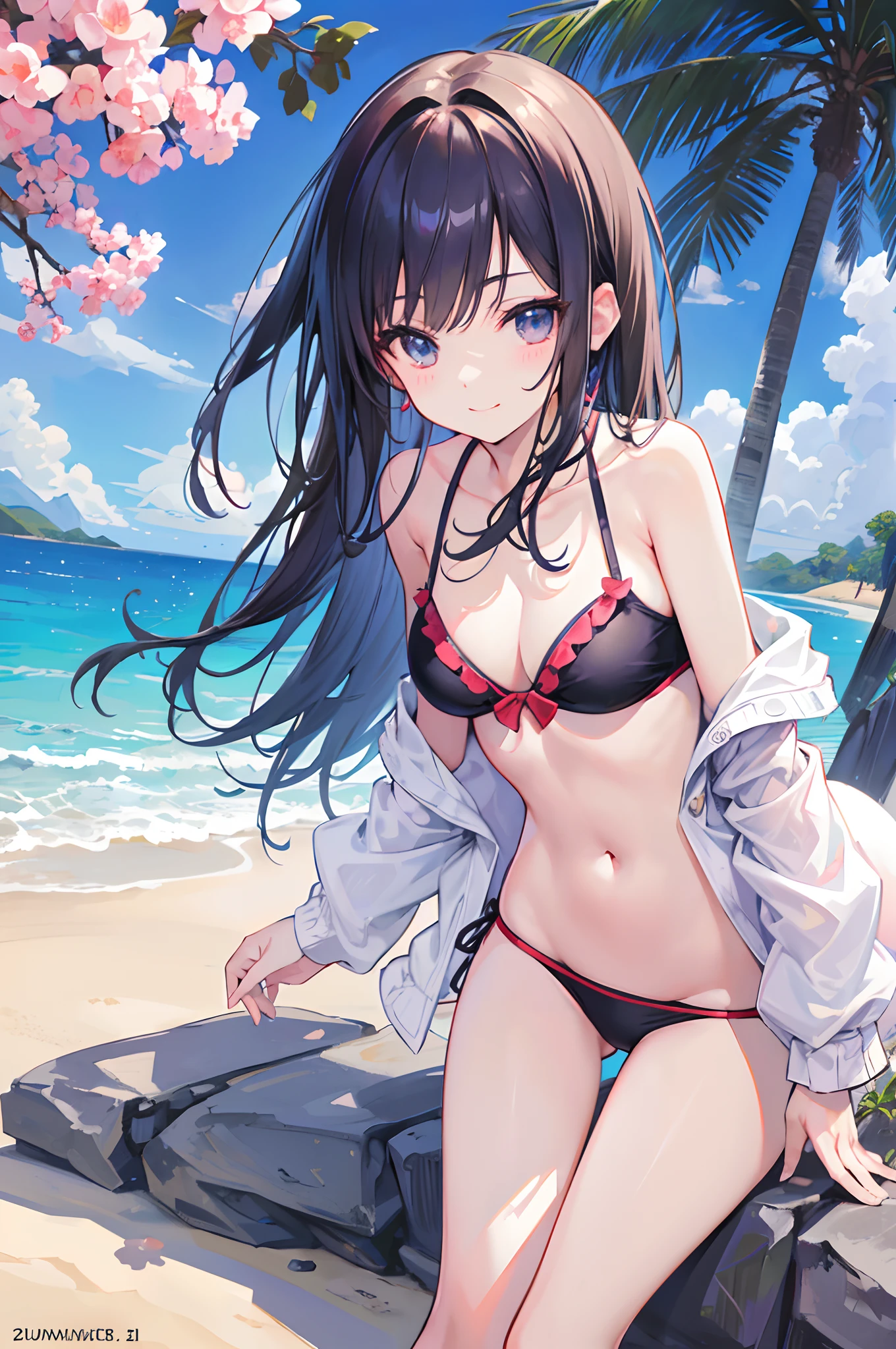 (Everlasting summer beach), (Bikini swimwear), (​masterpiece, top-quality, 8K picture quality)、(Realistic), THE ULTIMATE ANIME ILLUSTRATOR:1.2, hight resolution), (look from down:1.2), (Beautiful leg lines:1, thick thight:1.1),1girl in,20yr old, detailed thigh, Lively composition、Toothy smile、((Lean forward and look into the camera:1.4))、stick out one ear、cowboy  shot、Perfect Anatomy、