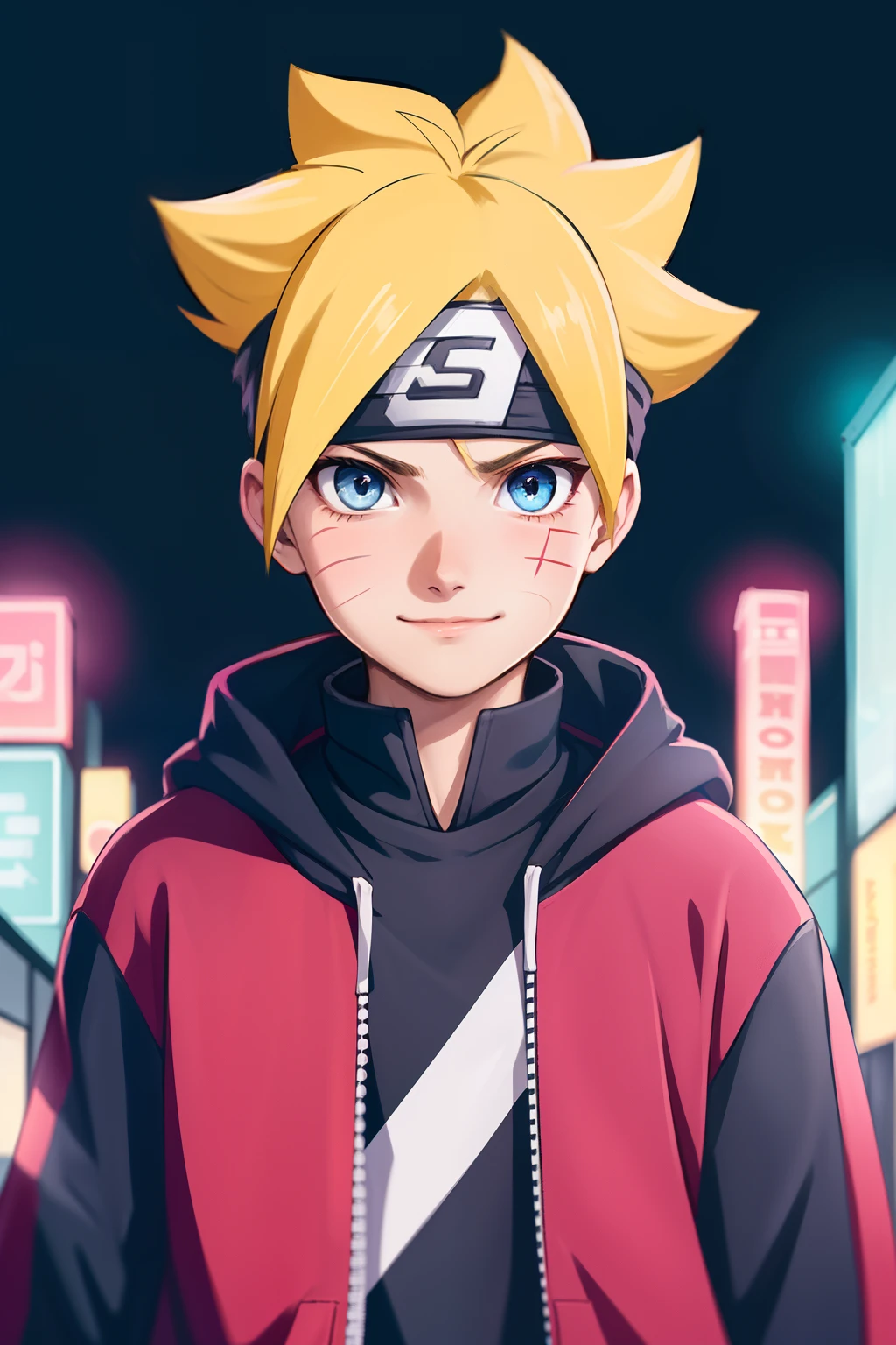 masterpiece, ultra-detailed, 1boy, male focus, upper body shot, Uzumaki Boruto wearing maroon Streetwear Hoodie, yellow hair, Blue eyes, look at viewer, happy face, vibrant colors, cityscape background, dinamic lighting, highly detailed face, stylish, urban style, cool attitude, bokeh, blurry background,