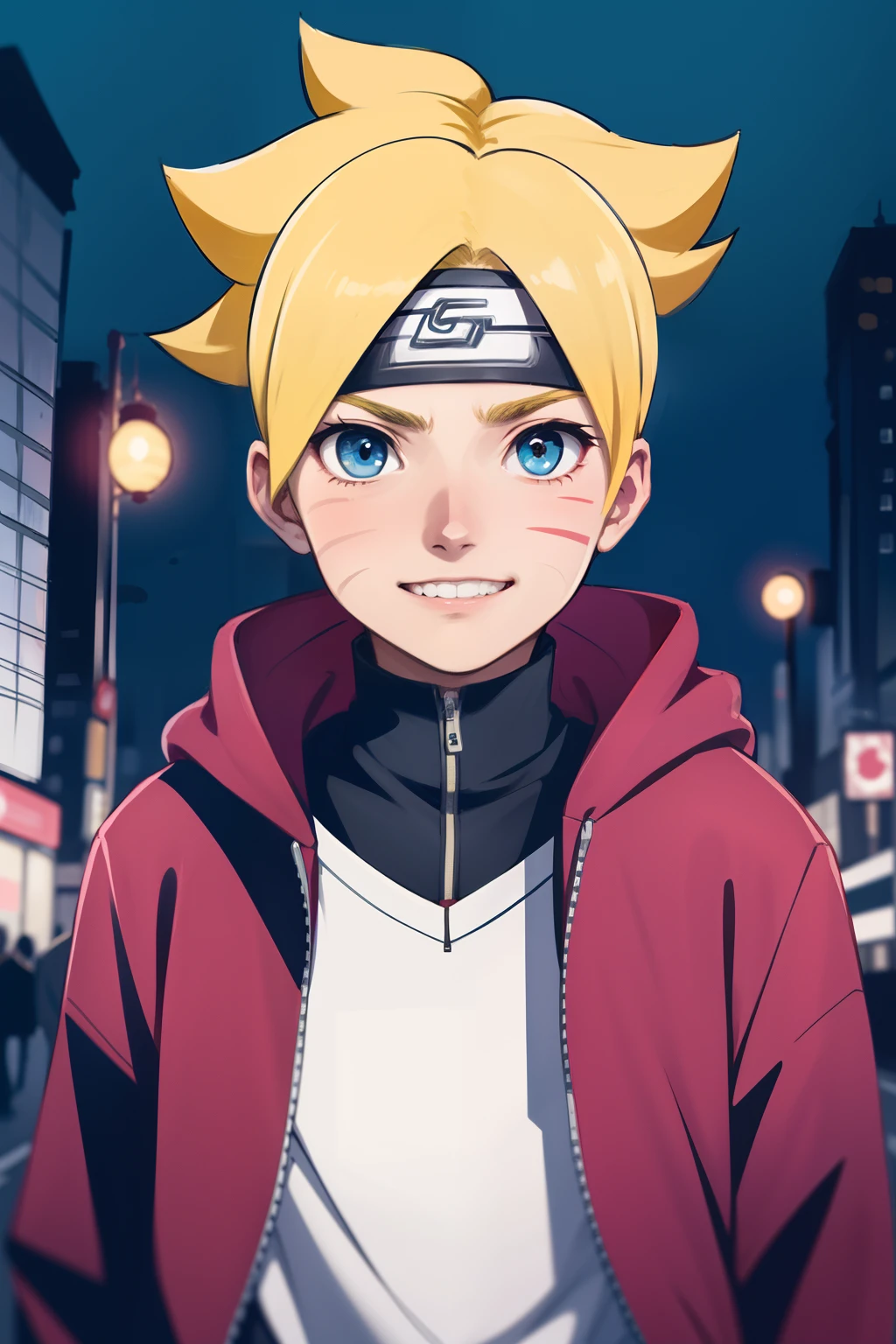 masterpiece, ultra-detailed, 1boy, male focus, upper body shot, Uzumaki Boruto wearing maroon Streetwear Hoodie, yellow hair, Blue eyes, look at viewer, happy face, vibrant colors, cityscape background, dinamic lighting, highly detailed face, stylish, urban style, cool attitude, bokeh, blurry background,