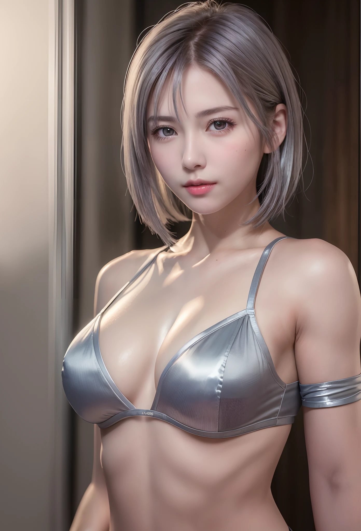 (8K, Photorealistic, Raw photo, of the highest quality: 1.3), (1girl in), Super beautiful, (Realistic face), (boyish, Silver Color Berry Shorthair), Beautiful , Glare that captivates the viewer, Beautiful expression, Beautiful breasts, (Realistic skin), Beautiful...