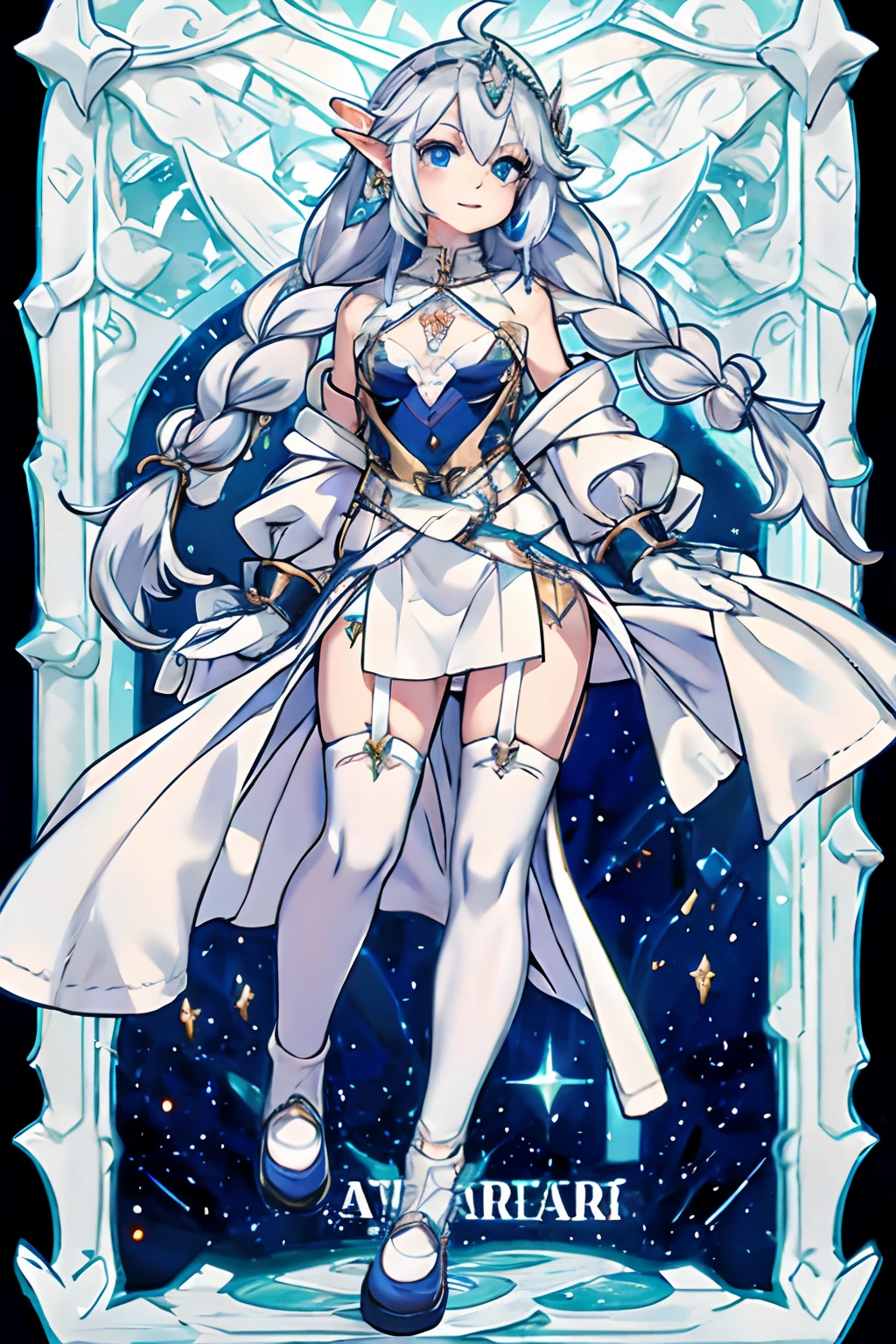 (masterpiece), best quality, detailed eyes, perfect face, professional photography, joyful, natural lighting, full body shot, 
BREAK,
(1 girl), High Elf, starry eyed, platinum hair, (ahoge french braid), white skin, (small breast:1.3), small hips, big waist,
BREAK, 
((face tattoo:1.0)), (diamond earrings), gold tiara, 
BREAK, 
silvanyan dress and pokies, 
BREAK,
black stockings, suspenders,