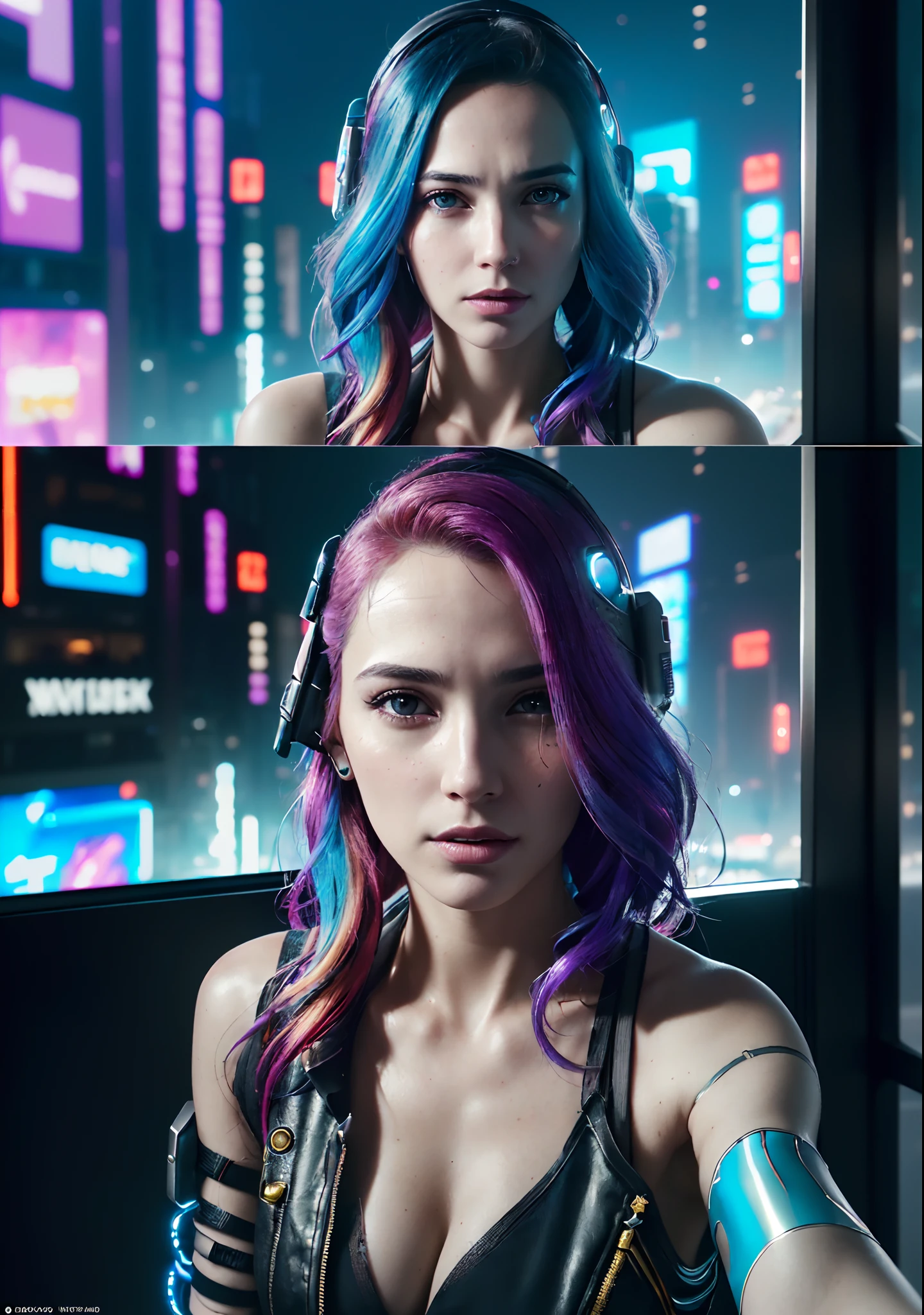 analog style, model shoot style, photo ((selfie:1.8)) of Gal Gadot, 1woman, (cyberpunk:1.8, cyberpunk city background:1.8), ((cutest face: 1.8, perfect face:1.3)), (long multicolored hair:1.4, pale skin:1.5),
(from above:1.2), best quality, epic (by lee jeffries photo, sony a7, 50 mm, pores:1.5, colors, hyperdetailed:1.5, film grain:1.4,
hyperrealistic: 1.5), hyper-realistic lifelike texture, masterpiece, unreal engine 5, Extremely detailed CG unity 8k wallpaper, realistic eyes,
Madly detailed photo, (ecstasy of light and shadow, deep shadow), (Winner of the Pulitzer Prize for Photography and Taylor Wessing Photographic Prize)