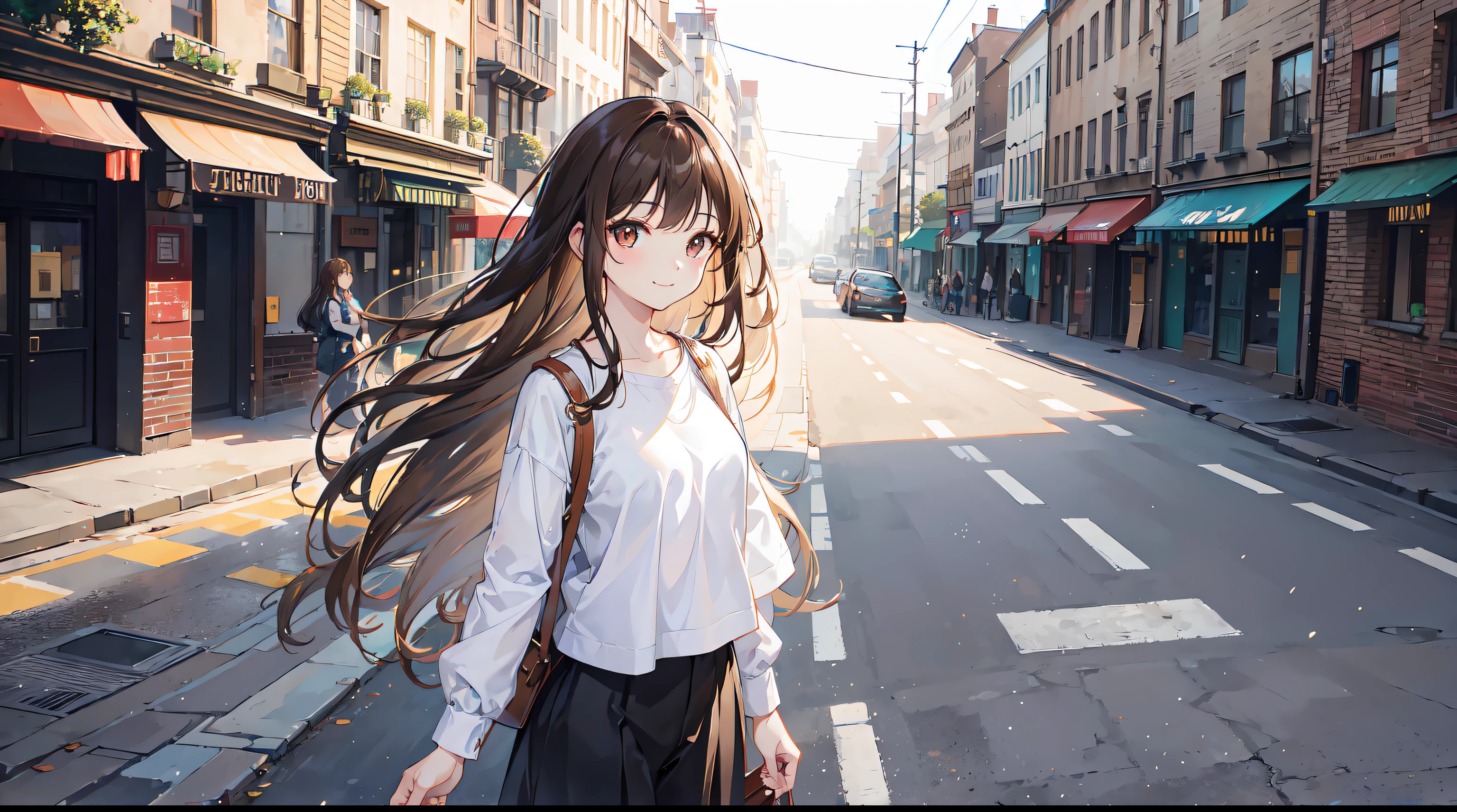 1girl, long brown hair, brown eyes, bangs, standing in front of you, hands behind back, no hands seen, smiling, daytime, city background, footpath, looking at viewer, going on a date, alleyway, first-person view, pov, panorama, modern, first-person view, pov, Romanticism, UHD, masterpiece, anatomically correct, ccurate, super detail, 4K