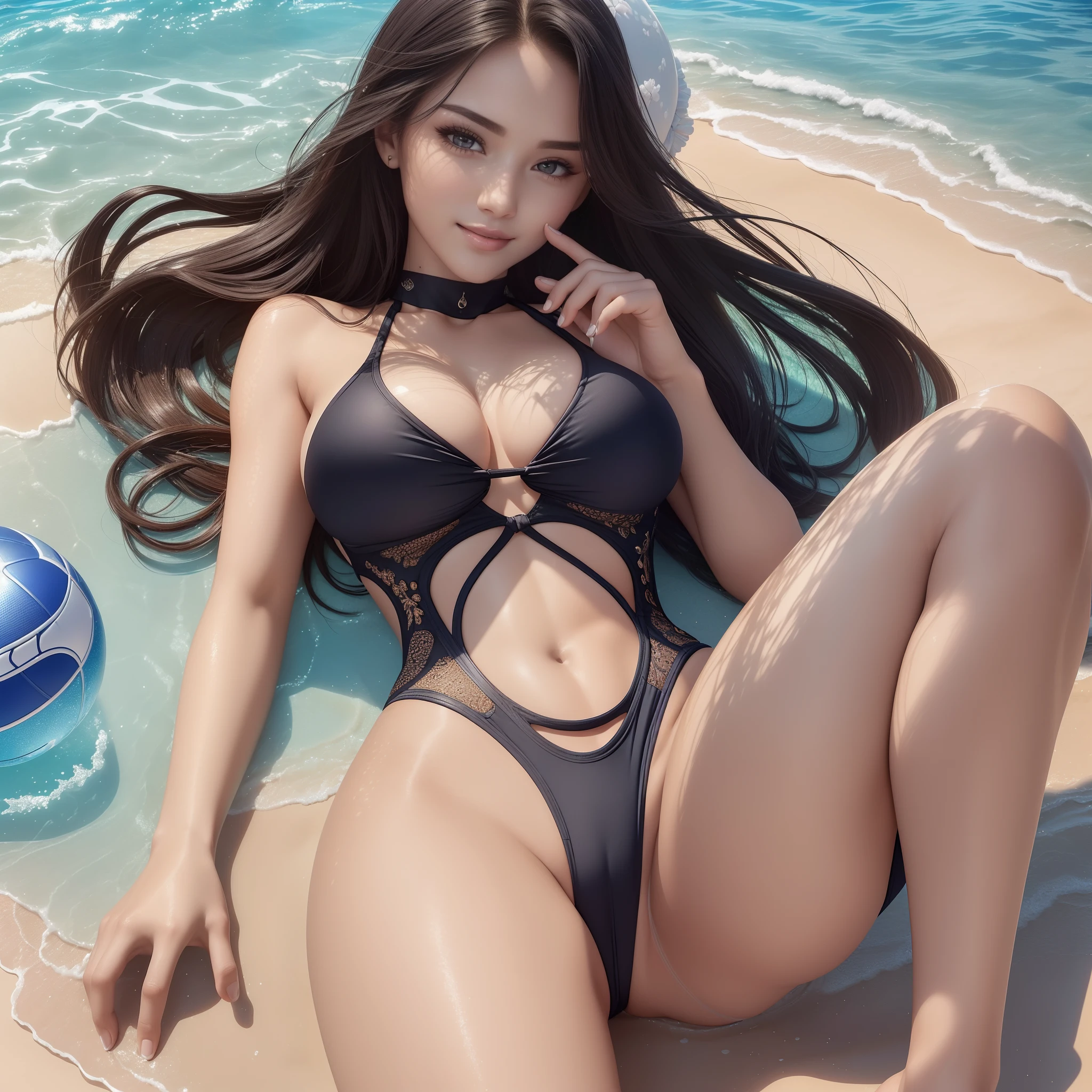 (Best Quality), (Ultra Precise), (16k,Ultra Realistic), Masterpiece, (Sharpness), Art, Detailed Detailed, Single, (Perfect and Unbreakable Body Depiction), (Perfect Balance), (Adult Female in Early Twenties))), (Beautiful Detailed Face), Beautiful Detailed Eyes, Beautiful Lips, Smile: 1.3, Staring at Viewer, Smile, Perfect And Precise Style, Big: 1.3, Tight Body, ((Detailed and detailed various swimsuits,)), (Detailed fabric texture)(Detailed skin texture), (Ultra High Definition), (Ultra Detail:1.3), (Glossy nail polish), Beautiful feet, Sports: 1.4, Beach: 1.4, Beach ball: 1.1, Sunburn: 1.3, Sunny sky,