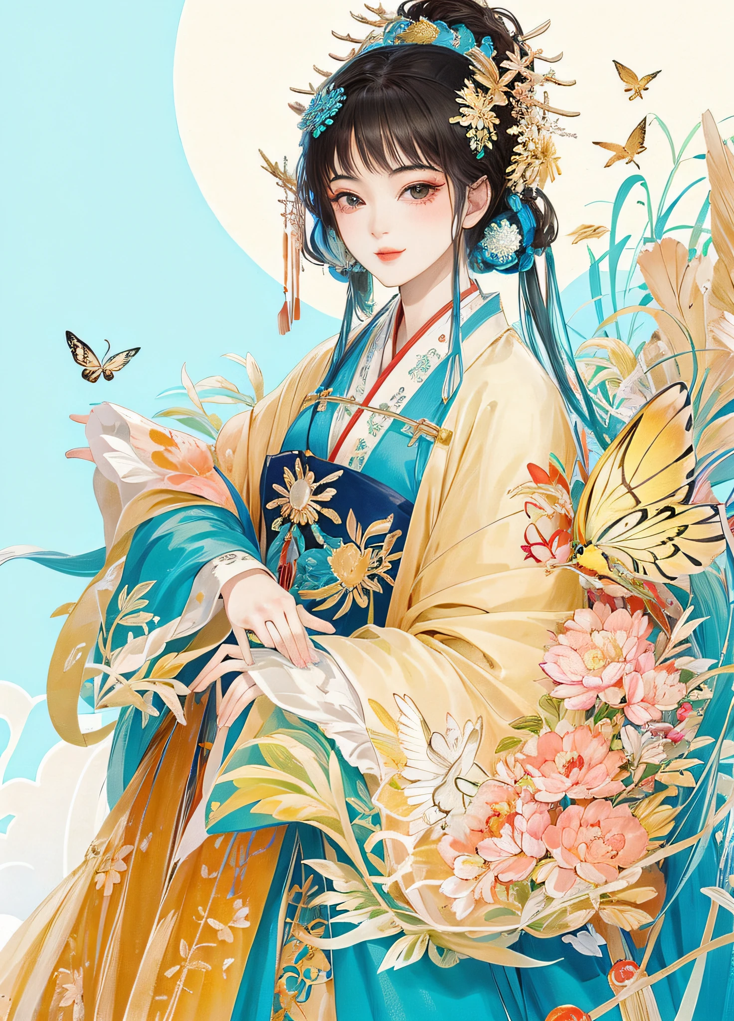 masterpiece, high quality,1girl,looking at viewer,east asian architecture,xqgirl,moon,butterfly,