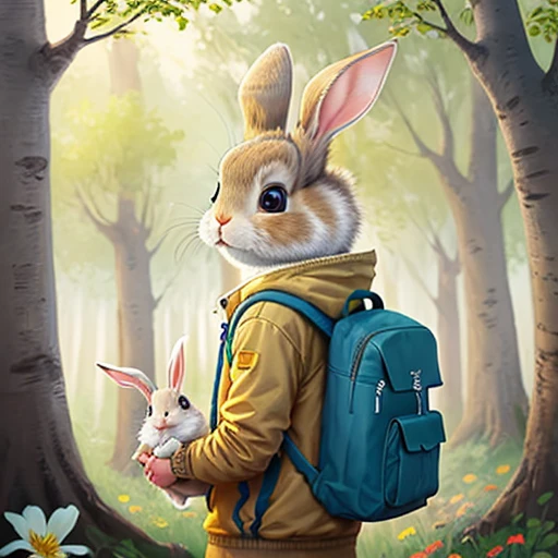 Draw an illustration of a curious rabbit. Cute little rabbit, Long, Soft ears, Curious bright eyes and a gentle smile，Carrying a backpack，in the woods, A look of admiration on his face, Observing, How Flowers Grow
