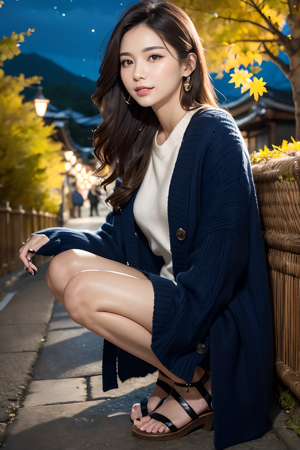 (masutepiece:1.3), High resolution, ultra-detailliert, the Extremely Detailed CG Unity 8K Wallpapers, Realistic, Photorealsitic, Raw photo, (beautifull detailed face), pale skin, Realistic skin, Detailed Cloth Texture, detailed hair texture, super model, Beautiful face, acurate, Anatomically correct, Highly detailed face and skin texture, Natural neck length, (Beautiful hands), (Fair skin:1.2), thin legs, Thin feet, Sexy thighs, 
BREAK, 
Detailed eyes, Symmetrical eyes, Brown eyes, Double eyelids, Thin eyebrows, (Glossy lips:1.4), (Gentle smile:1.2), 
BREAK, 
(a very pretty girl:1.3), (Wearing a white knitted long coat over a royal blue sweater dress:1.2), (Sandals), 
Large breasts, (firm breasts, nice shaped breasts, Slender figure:1.1), (super model), 
(Layered hairstyle, dark brown hair, Wavy Hair), (Medium Long Hair:1.2), 
BREAK, 
(Squat with your knees closed:1.2), (In the ginkgo tree avenue:1.2), ((Night view of the illuminated autumn foliage landscape:1.3)),
((Japanese「kyoto」in the「Arashiyama」で:1.2)), (upperbody shot:1.2), ((See the viewer from the front:1.2)), ((Photo from the front:1.3)),