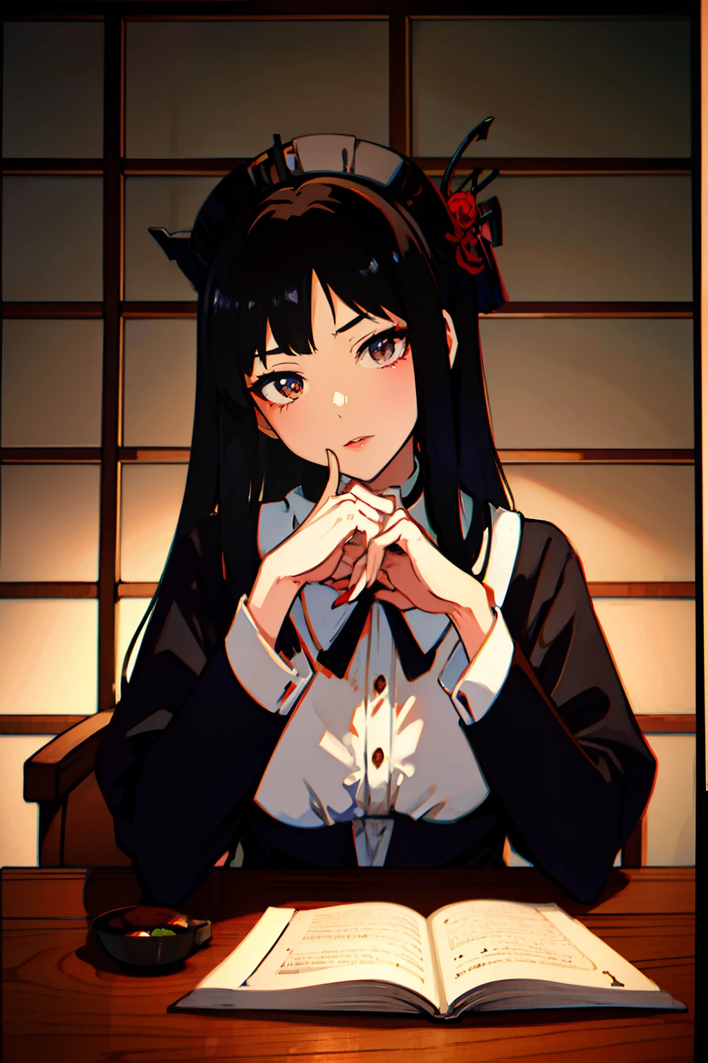 anime illustrated high-level image quality maid clothes A dark-haired Vintage Cafe Japan Ukiyo-e