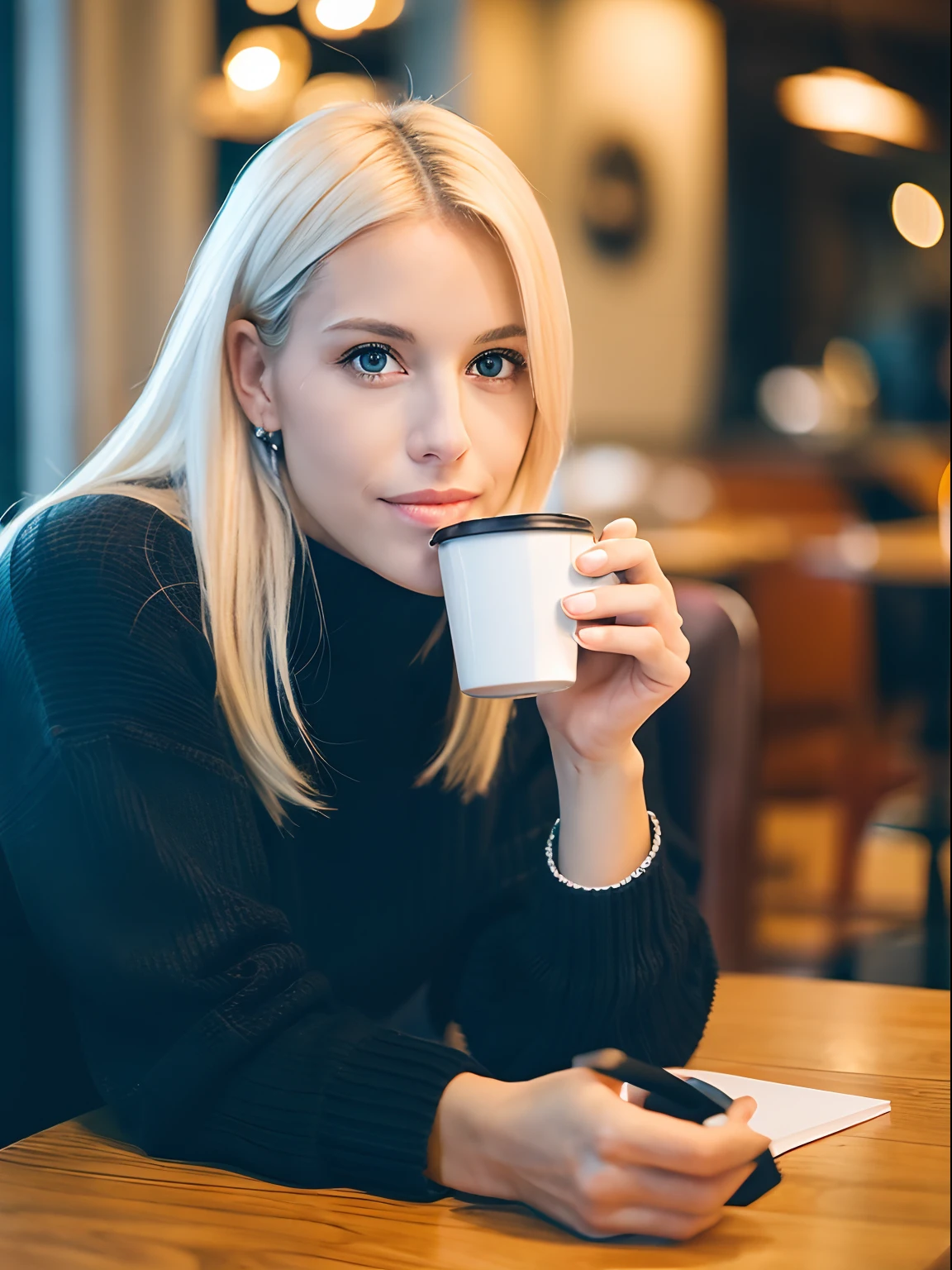 beautiful platinum blonde girl wearing black sweater (sipping coffee inside a modern café at sunset), very detailed, 40 years old, innocent face, natural smooth hair, blue eyes, high resolution, masterpiece, best quality, intricate details, highly detailed, sharp focus, detailed skin, realistic skin texture, texture, detailed eyes, professional, 4k, charming smile, shot on Canon, 85mm, shallow depth of field, kodak vision color, perfect fit body, extremely detailed, foto_\(ultra\), photorealistic, realistic, post-processing, maximum detail, roughness, real life, ultra realistic, photorealism, photography, 8k uhd, photography, uses my dataset as the face