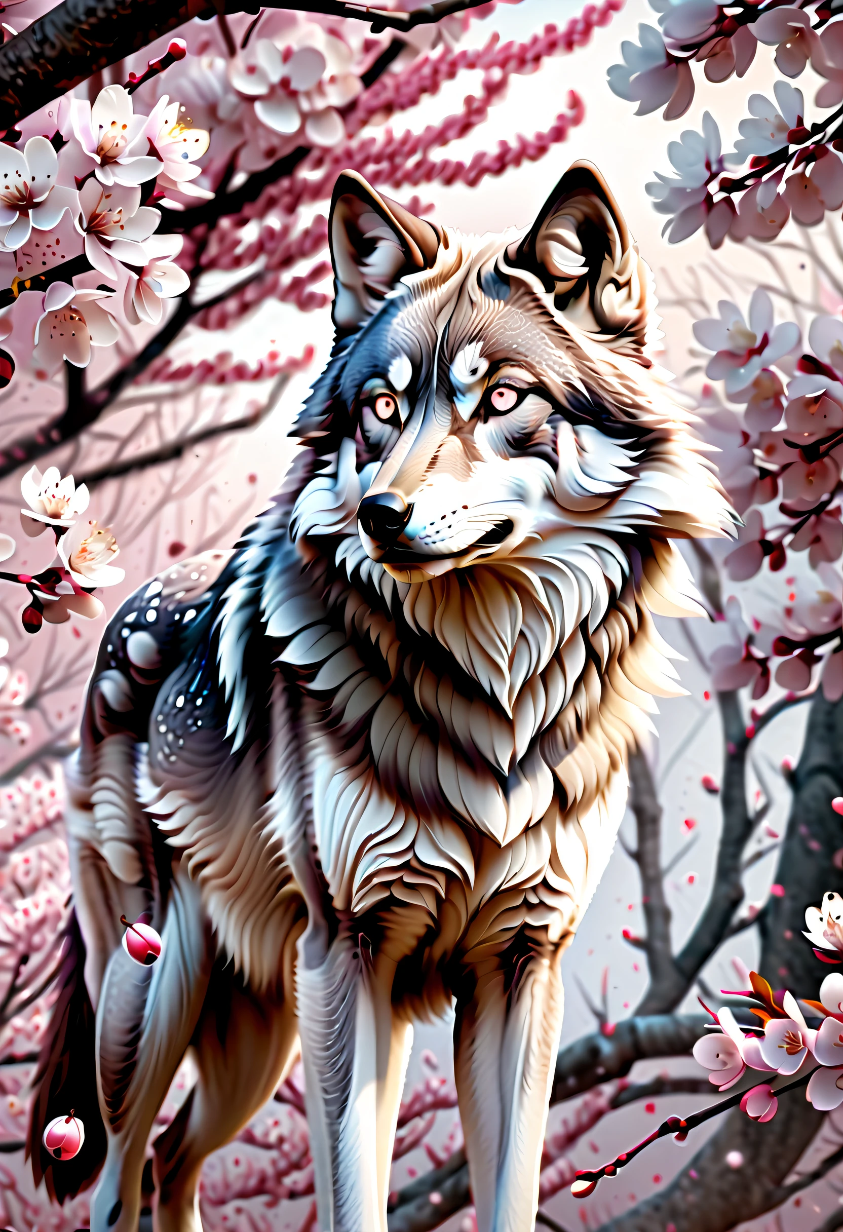 majestic gray wolf with a gradient of cherry blossoms and plum trees, whirlwind of delicate petals adorned glow, swirling and intricate background of falling petals, beautiful eyes with catchlight in piercing gaze, highlights its beautiful fur, utmost precision and detail, while every minute detail is captured in stunning matte painting, prepare to be amazed by the ultimate quality and resolution, ultimate rendering of this stunning scene, true masterpiece of matte painting, intricate background, ultimate quality, stunning details and catchlight,