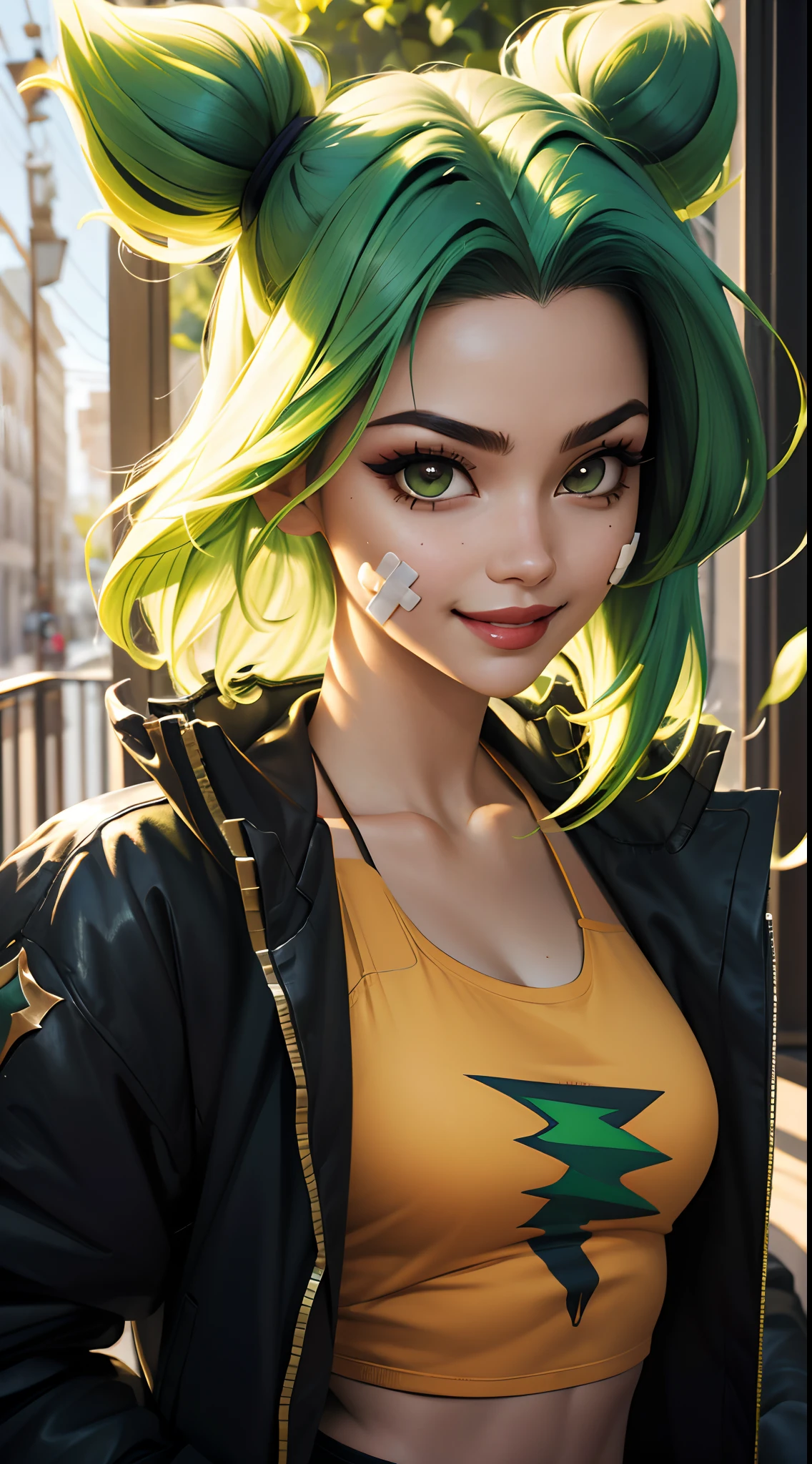 (masterpiece, best quality:1.2), intricate details, zeri \(league of legends\), 1girl, twintails, bangs, jacket, green hair, crop top, bandaid on face, light smile