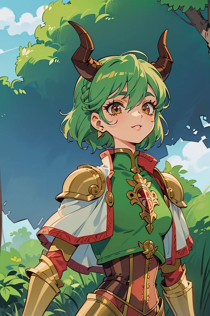 "(masterpiece:1.1), best quality,
1girl, (80s anime style:1.4), (eyelashes:1.5),
(intricate high detailed body:1.2),
green hair,
(hair between eyes:1.1), (short hair, french braid:1.1), (demon horns:1.2),
red eyes, (red lip stick:1.1),
(medium breasts:1.1),
happy, smile,
(golden embroidery leotard armor, corset:1.2),
(knight armor, armored boots, capelet:1.2), (fur:1.1), (earrings:1.1), collar,
standing, claw pose,
(upper body, looking at viewer, from front:1.1),
(daytime, grassland, outdoors:1.1)"