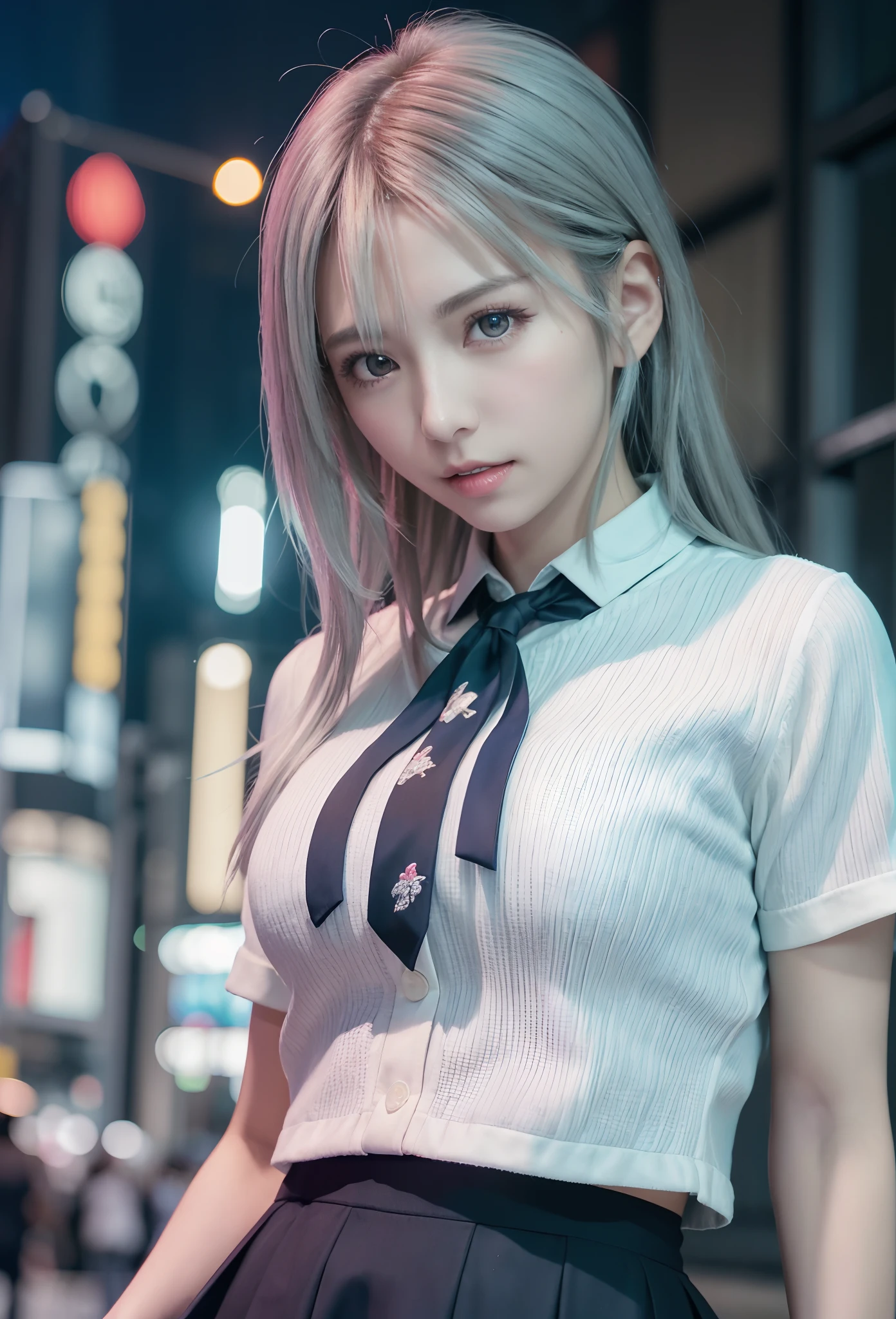 (8K, Raw photo, masutepiece:1.3), (Realistic, Photorealsitic:1.37), (Night), (Looking at Viewer:1.331), (White hair), Posing, on tokyo street, night cityscape, Cyberpunk City, Soft light, 1girl in, Extremely beautiful face, Bust, put down hands, Random hairstyle, Random expression, Big eyes, lower abdom, (shortsleeves .nffsw_Shirt), nffsw_Style, (Dark blue ajc_Skirt), (Bow Ticker_tie), mix4., Best Quality