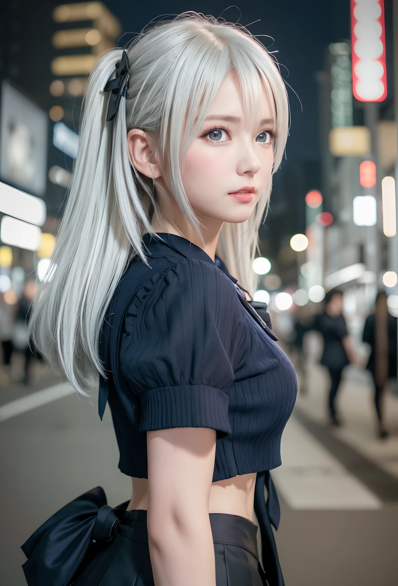 (8K, Raw photo, masutepiece:1.3), (Realistic, Photorealsitic:1.37), (Night), (Looking at Viewer:1.331), (White hair), Posing, on tokyo street, night cityscape, Cyberpunk City, Soft light, 1girl in, Extremely beautiful face, Bust, put down hands, Random hairstyle, Random expression, Big eyes, lower abdom, (shortsleeves .nffsw_Shirt), nffsw_Style, (Dark blue ajc_Skirt), (Bow Ticker_tie), mix4., Best Quality