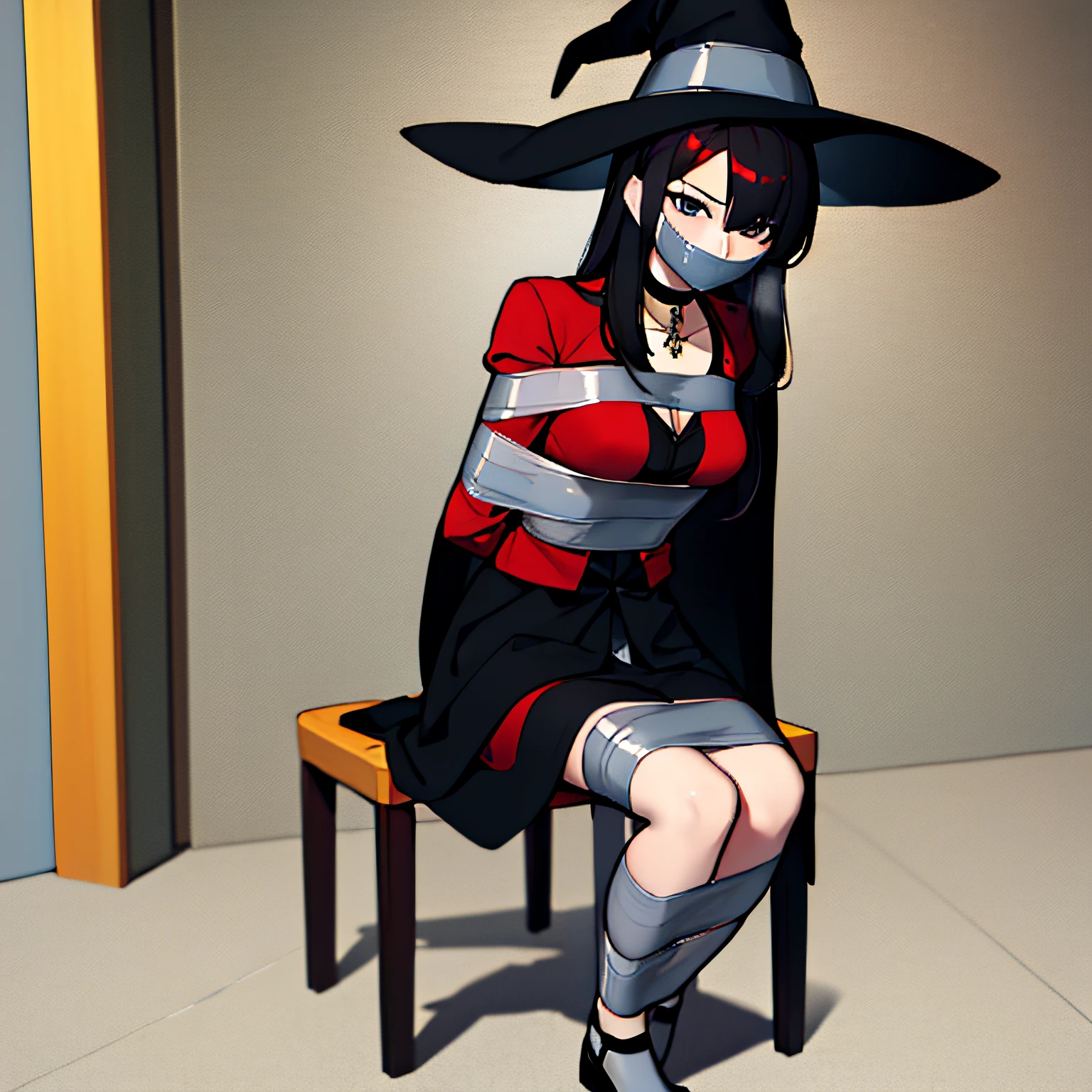 (absurdres, 8k, 4k, masterpiece, hyper extreme detailed:1.2), solo, 1girl, front view, perfect face, 1girl, portrait, expressive eyes, looking at viewer, solo, black eyes, dot pupils, standing, mature female, flat chest, pale, long black hair, small frown, witch, long robe, cultist, cross necklace, book, large witch hat, chain, choker, exposed shoulders, adult, black cloak, red shirt, fire, hair covering left eye, long black hair, looking forward, front view, black eyes, bound, bondage, (arms behind back:1.4), bdsm, tape gag, tape, tape bondage, close-up, restrained, best anatomy, full body, tape wrapped, wrap gag, bondage, sitting down, grasslands, chair