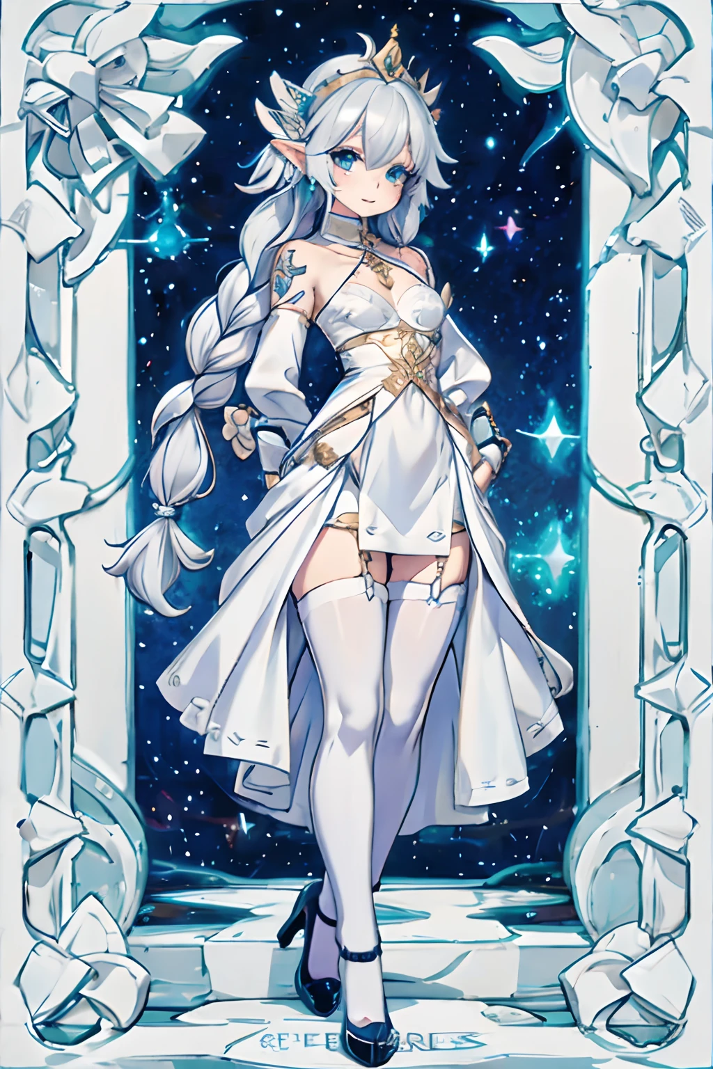 (masterpiece), best quality, detailed eyes, perfect face, professional photography, joyful, natural lighting, full body shot, 
BREAK,
(1 girl), High Elf, starry eyed, platinum hair, (ahoge french braid), white skin, (small breast:1.3), small hips, big waist,
BREAK, 
((face tattoo:1.0)), (diamond earrings), gold tiara, 
BREAK, 
silvanyan dress and pokies, 
BREAK,
black stockings, suspenders, high heels