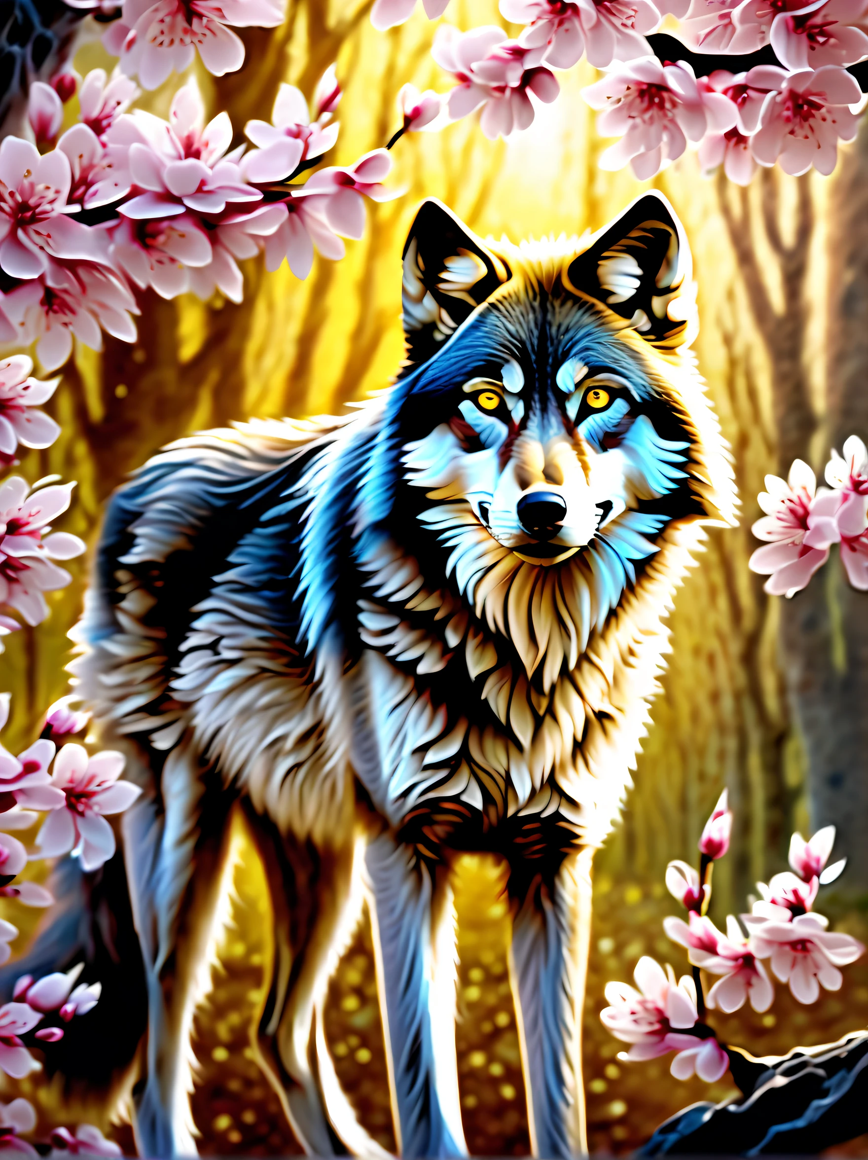majestic gray wolf with a gradient of cherry blossoms and plum trees, whirlwind of delicate petals adorned glow, swirling and intricate background of falling petals, beautiful eyes with catchlight in piercing gaze, highlights its beautiful fur, utmost precision and detail, while every minute detail is captured in stunning matte painting, prepare to be amazed by the ultimate quality and resolution, ultimate rendering of this stunning scene, true masterpiece of matte painting, intricate broken glass background, ultimate quality, stunning details and catchlight, gouache, acrylic, palette knife drawing,
