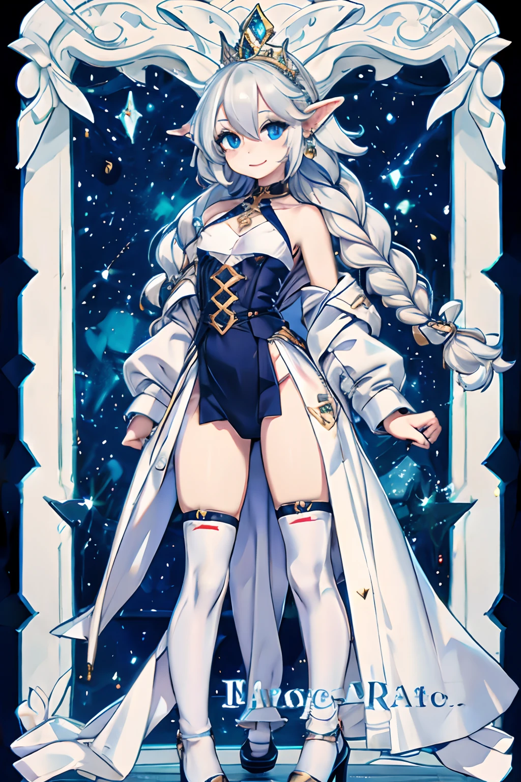 (masterpiece), best quality, detailed eyes, perfect face, professional photography, joyful, natural lighting, full body shot,
BREAK,
(1 girl), High Elf, starry eyed, platinum hair, (ahoge french braid), white skin, (small breast:1.3), small hips, big waist,
BREAK,
((face tattoo:1.0)), (diamond earrings), gold tiara,
BREAK,
silvanyan dress and pokies,
BREAK,
black stockings, suspenders, high heels