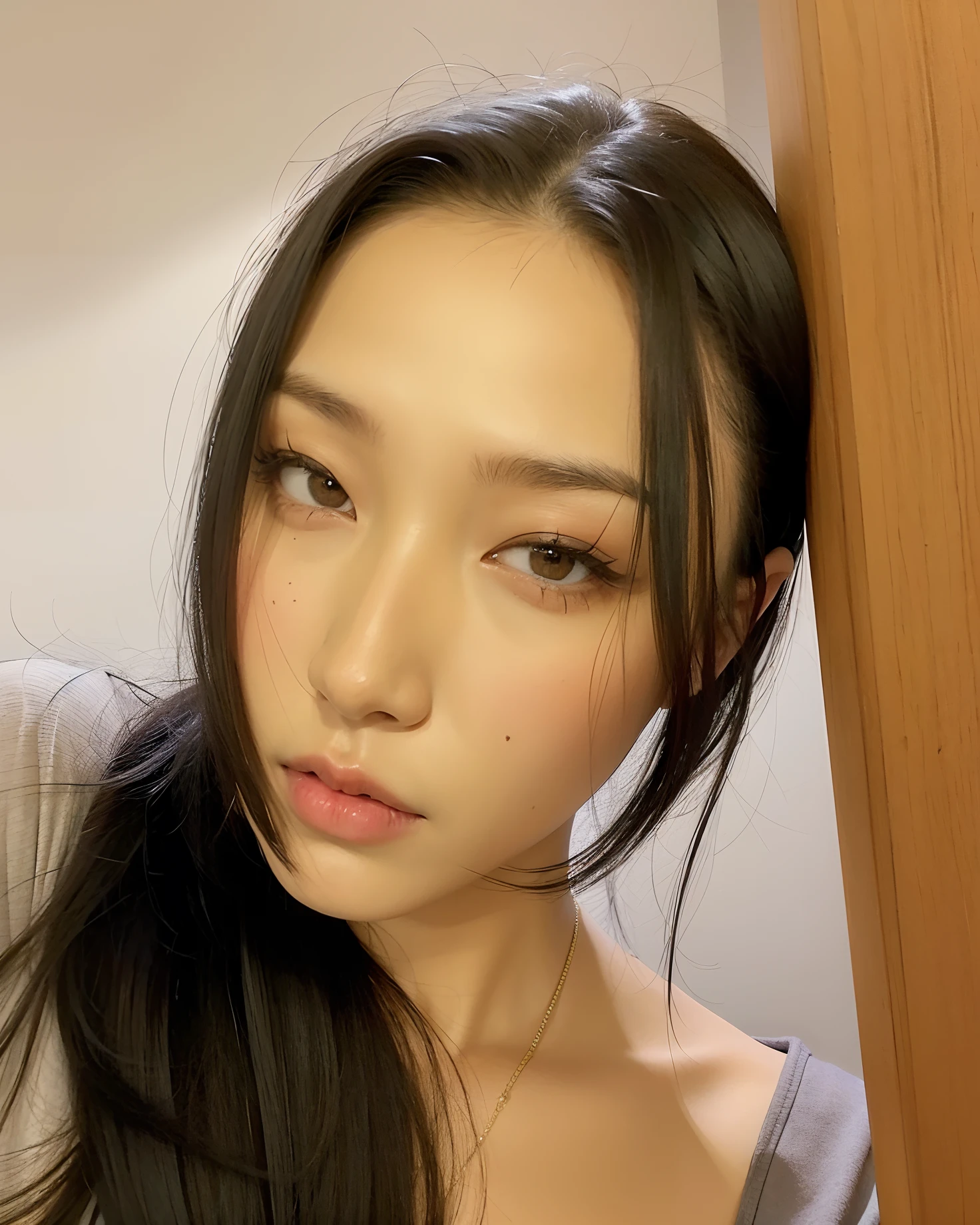 there is a woman with long hair and a gray shirt, 2 8 anos, 2 7 anos, 2 9 anos, Asian face, Hwasa do Mamamoo, taken in the early 2020s, Hwasa, Mamamoo Hwasa, an Asian woman, 2 3 anos, 2 2 anos