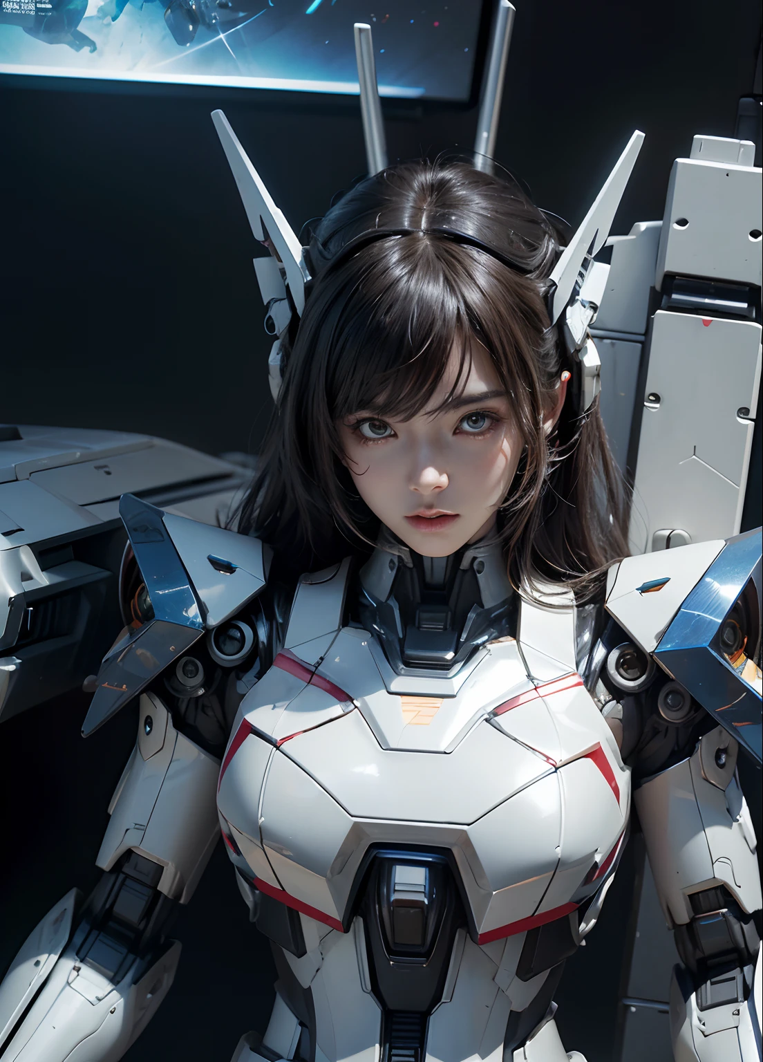 Textured skin, Super Detail, high details, High quality, Best Quality, hight resolution, 1080p, hard disk, Beautiful,(Gundam),beautiful cyborg woman,Mecha Cyborg Girl,Battle Mode,Girl with a Mecha Body,She wears a futuristic Gundam mecha,Fulll body Shot