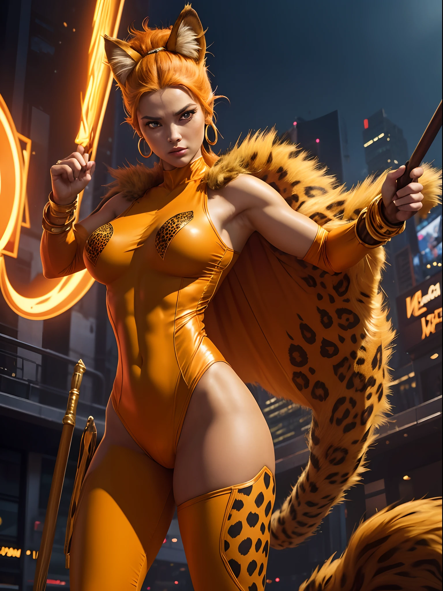 In New York, Time Square, beautiful woman, 25 years old, style, Cheetara thundercats is a fearless warrior. Athletic Body: Cheetara has a slim and athletic body, with well-defined curves. Hair of a cheetah: Full body with yellow fur and dark spots like the hair of a cheetah, she is agile and fast, reflecting her feline nature. Full body with yellow fur with dark spots with hair from a cheetah, a type of large feline. Orange Clothing: She wears a tight-fitting dark orange outfit, which covers most of her body, but leaves her arms and legs uncovered. The costume also includes a short cape. Big Blue Eyes: Cheetara has expressive blue eyes, which often reflect her intelligence and determination. Jewelry and Equipment: She wears a golden tiara on her forehead and golden earrings in her ears. Additionally, she is often seen with a staff that can transform into a nunchaku, which she uses skillfully in combat. Strong and decisive. Her fighting ability is impressive but without a doubt her greatest power lies in her unparalleled speed, superior to any motorized land vehicle. She has a stick as a weapon. Furthermore, she is powerful and was trained by Jaga, in New York, (athletic body: 1.4), (orange hair: 1.3), (hanging breasts: 1.3), (full breasts: 1.4), (realism: 1.5), (Realisitc: 1.4), (Absurdity: 1.4), 8k, ultra-detailed, Detailed Beautiful Woman, (Only one: 1.4), 1girl, (Viewer facing: 1.2),