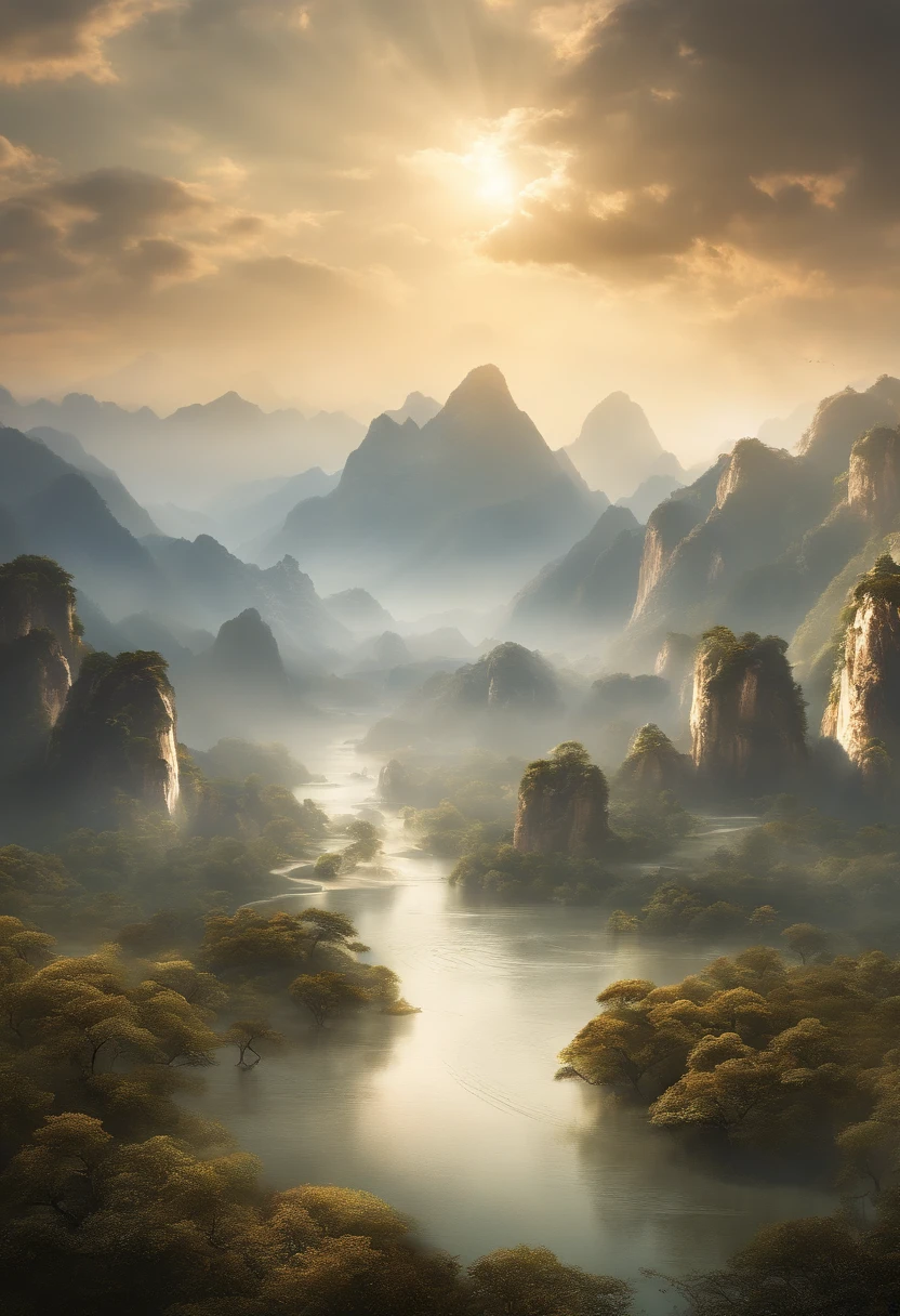 Ancient Chinese Landscape, Mountains, Rivers, Auspicious Clouds, Sunlight, Masterpiece, Super Detail, Epic Composition, Ultra HD, High Quality, Extremely Detailed, Official Art, Unity 8K Wallpaper, Super Detail, 32k -- in 6