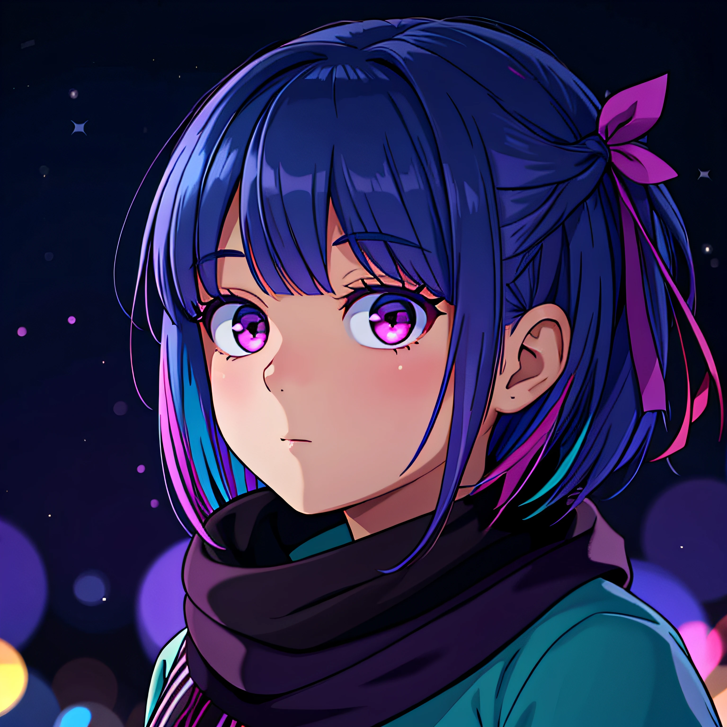 mastepiece, profesional artwork, sharp image, best quality, high quality, ultra quality, 1girl, dark cyan and purple hair, multicolored hair,short hair, straight hair, casualwear, scarf, small breast, upper body, face focus, beautiful eyes, red eyes, glowing eyes, forest, falling leaves, outdoor, depth of field, moonlight, dust, night, beautiful lighting, detailed face, detailed background, detailed picture, blush, deatiled texture, bokeh background, heart eyes, hair ribbon, hair ornament, hair decoration, decoration, detailed decoration, cool look, feminime, look away, mature, low angle camera, modern, relaxing, dark night, glowing eyes, profile, modern clothes