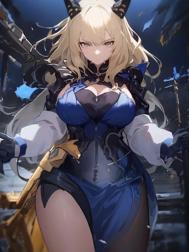 Blonde woman in a blue dress holding a sword、Looking away, costume with blue accents, ornate cosplay, Artorian Pendragon, Navy Blue Armor, Decorative dark blue clothes, fantasy dress, castlevania witch, cosplay foto, close up details, dark blue and white robes, hali々and dark blue clothes, gold brocaded dark blue clothes, Fate / Stay Night