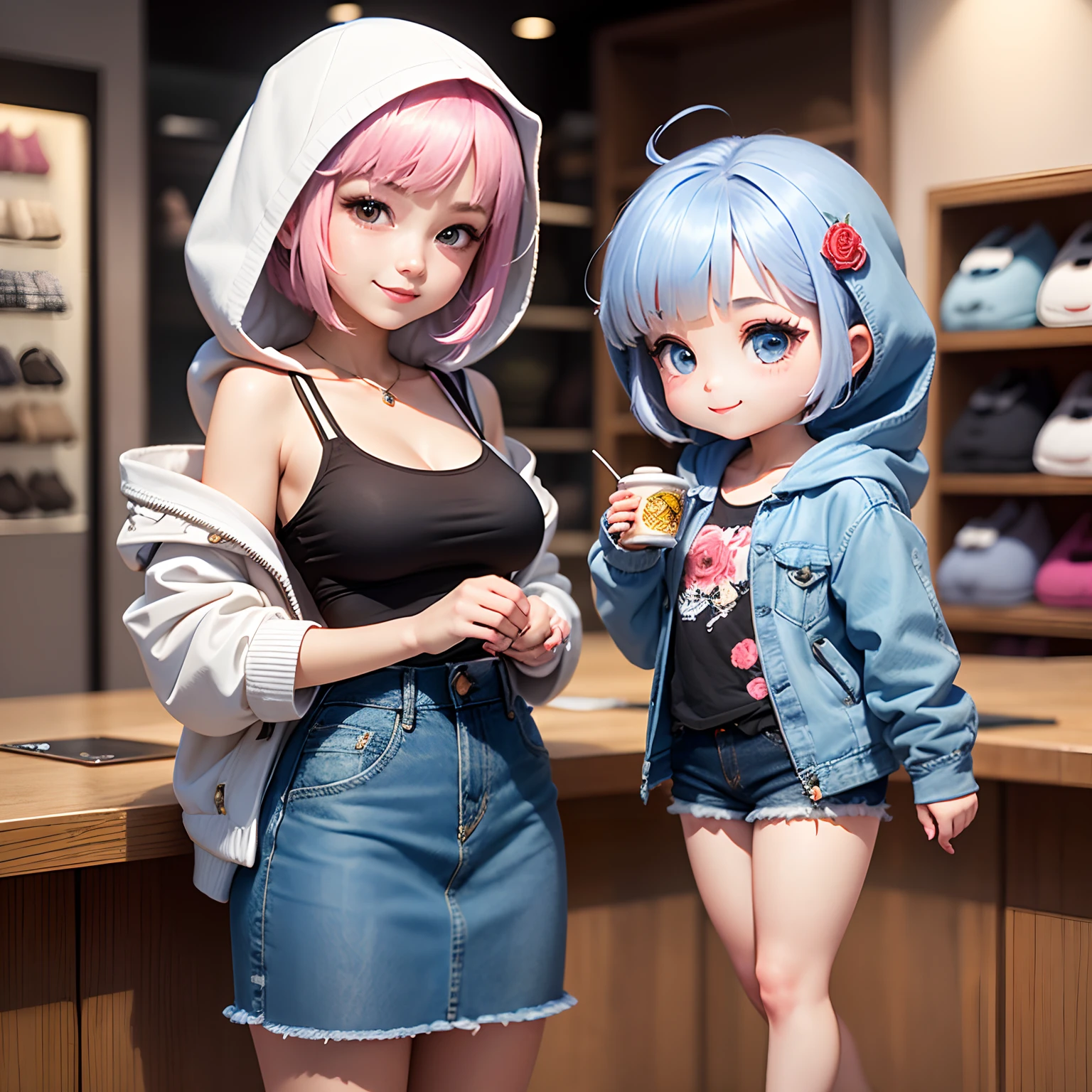 ​masterpiece、top-quality、ultra-detailliert、(The daughter of a certain chibi character:1.2)、White Bob、Blue Denim Hooded Coat、Blue Denim Camisole、Blue Denim Long Skirt、Gorgeous embroidery of roses on the entire surface、espadrilles、Standing、A smile、Inside a chibi denim shop