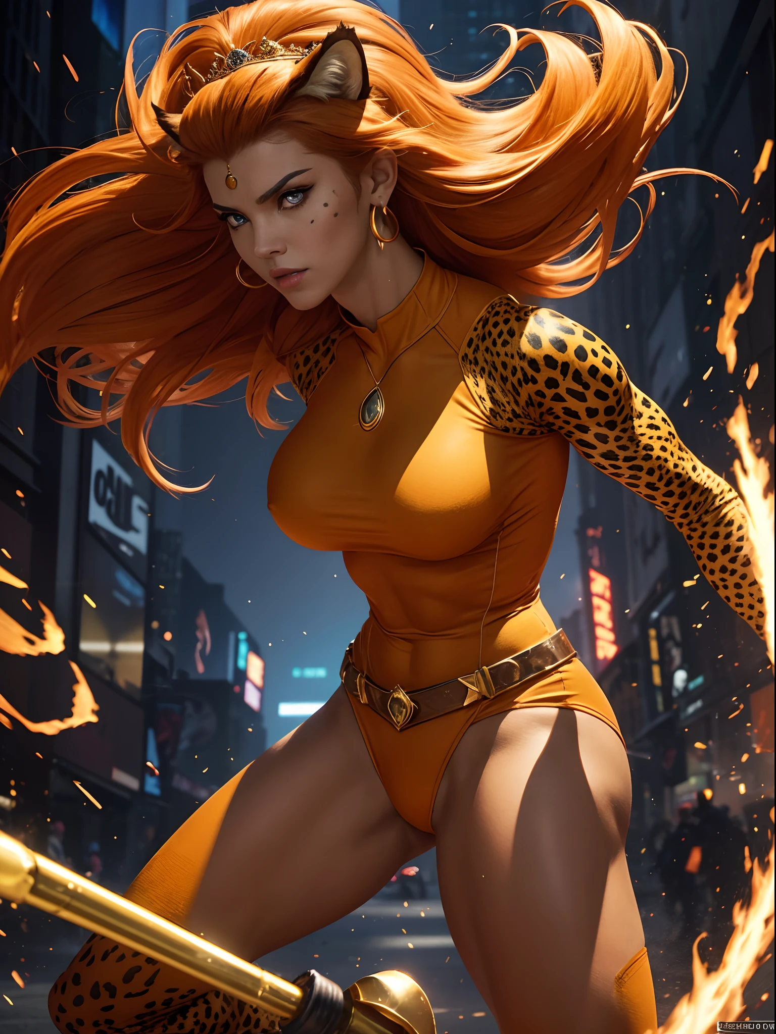 In New York, Time Square, beautiful woman, 25 years old, style, Cheetara thundercats is a fearless warrior. Athletic Body: Cheetara has a slim and athletic body, with well-defined curves. Hair of a cheetah: Full body with yellow fur and dark spots like the hair of a cheetah, she is agile and fast, reflecting her feline nature. Full body with yellow fur with dark spots with hair from a cheetah, a type of large feline. Orange Clothing: She wears a tight-fitting dark orange outfit, which covers most of her body, but leaves her arms and legs uncovered. The costume also includes a short cape. Big Blue Eyes: Cheetara has expressive blue eyes, which often reflect her intelligence and determination. Jewelry and Equipment: She wears a golden tiara on her forehead and golden earrings in her ears. Additionally, she is often seen with a staff that can transform into a nunchaku, which she uses skillfully in combat. Strong and decisive. Her fighting ability is impressive but without a doubt her greatest power lies in her unparalleled speed, superior to any motorized land vehicle. She has a stick as a weapon. Furthermore, she is powerful and was trained by Jaga, in New York, (athletic body: 1.4), (orange hair: 1.3), (hanging breasts: 1.3), (full breasts: 1.4), (realism: 1.5), (Realisitc: 1.4), (Absurdity: 1.4), 8k, ultra-detailed, Detailed Beautiful Woman, (Only one: 1.4), 1girl, (Viewer facing: 1.2),