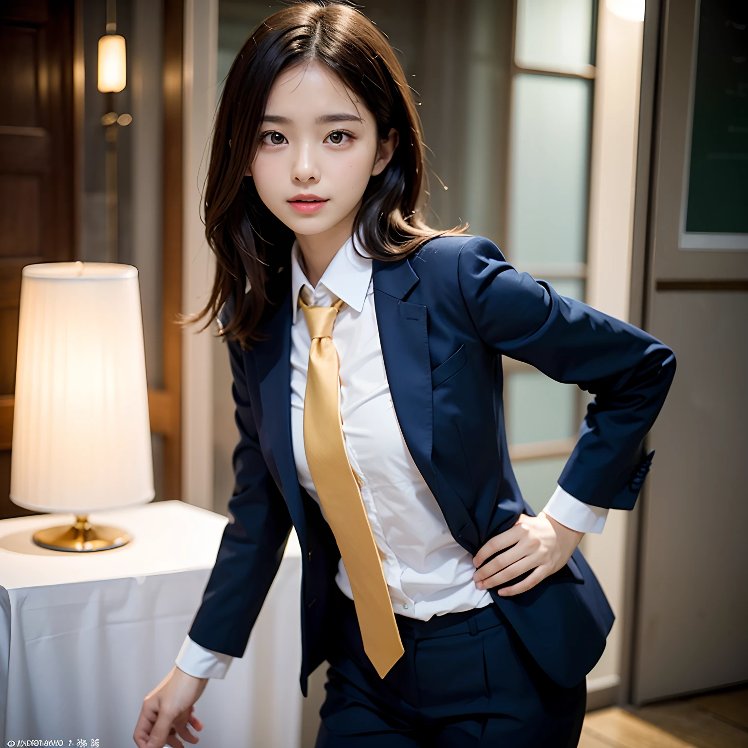 (masutepiece, Best Quality:1.2), 8K, Official art, Full body photo, full body Esbian、Emma fastening her tie.trouser、Cute smile、feet shoulder-width apart、slender and neat legs、Standing、A dark-haired、years、small tits、A delightful、A smile、unbelievable Ridiculous, (Upper body, Dark blue suit:Cute Tie 1.4), Beautiful Girl, Pretty Face, arching back down, cute butt、Gold hair ornament on hair、Wearing a cute suit、Decide on a pose、close up, Wearing a suit, Short sleeve, gardenia, violaceaess, Teen, mysterious background, Looking at Viewer, Film grain, chromatic abberation, Sharp Focus, face lights, Dynamic lighting, Cinematic lighting, Eyes and faces with detailed, Bokeh background, (Tie with Emma written on it、1 copy:1.2)
