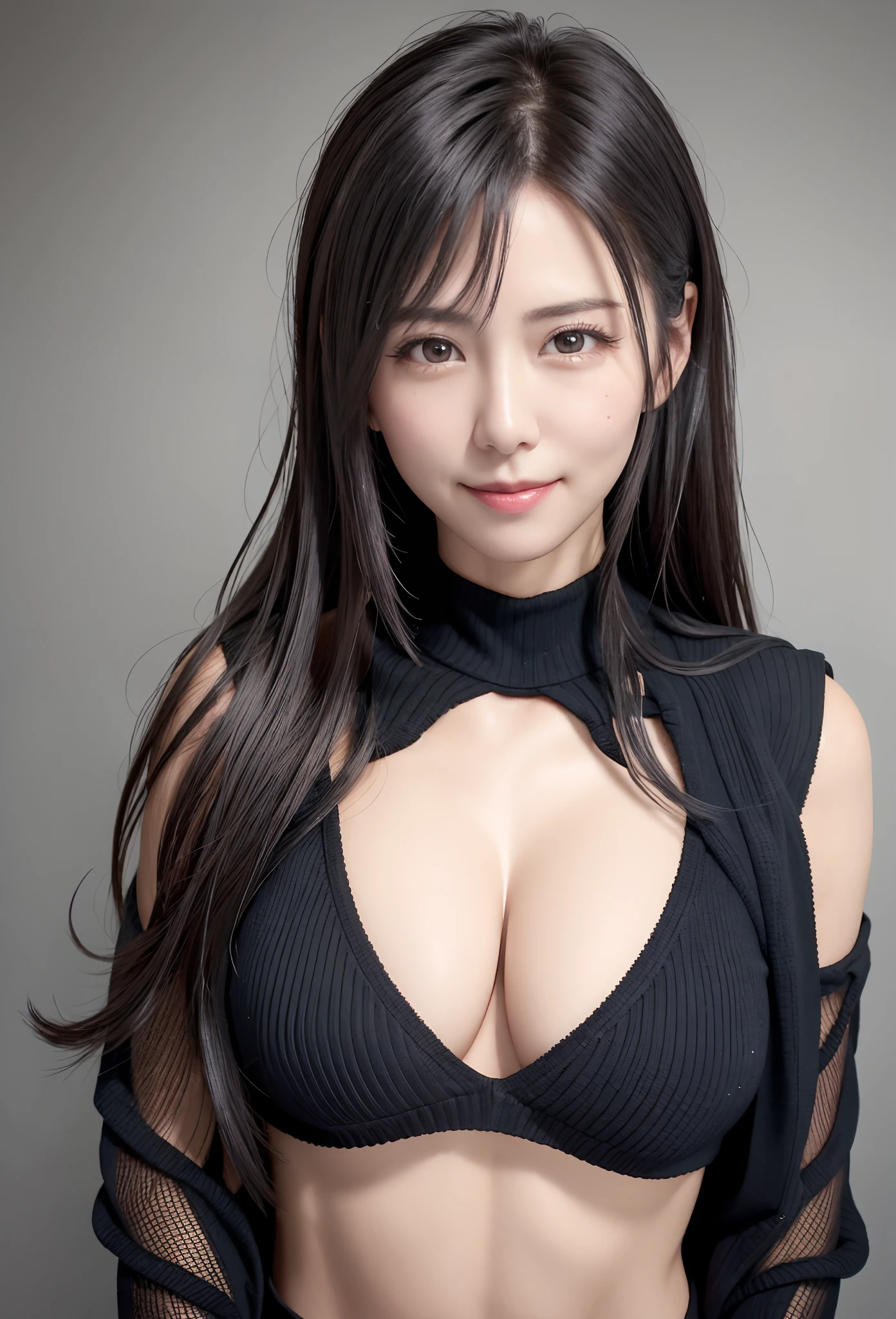 30-year-old woman with, Chest shot, Black eyes, Black hair, Warm background, Smirk