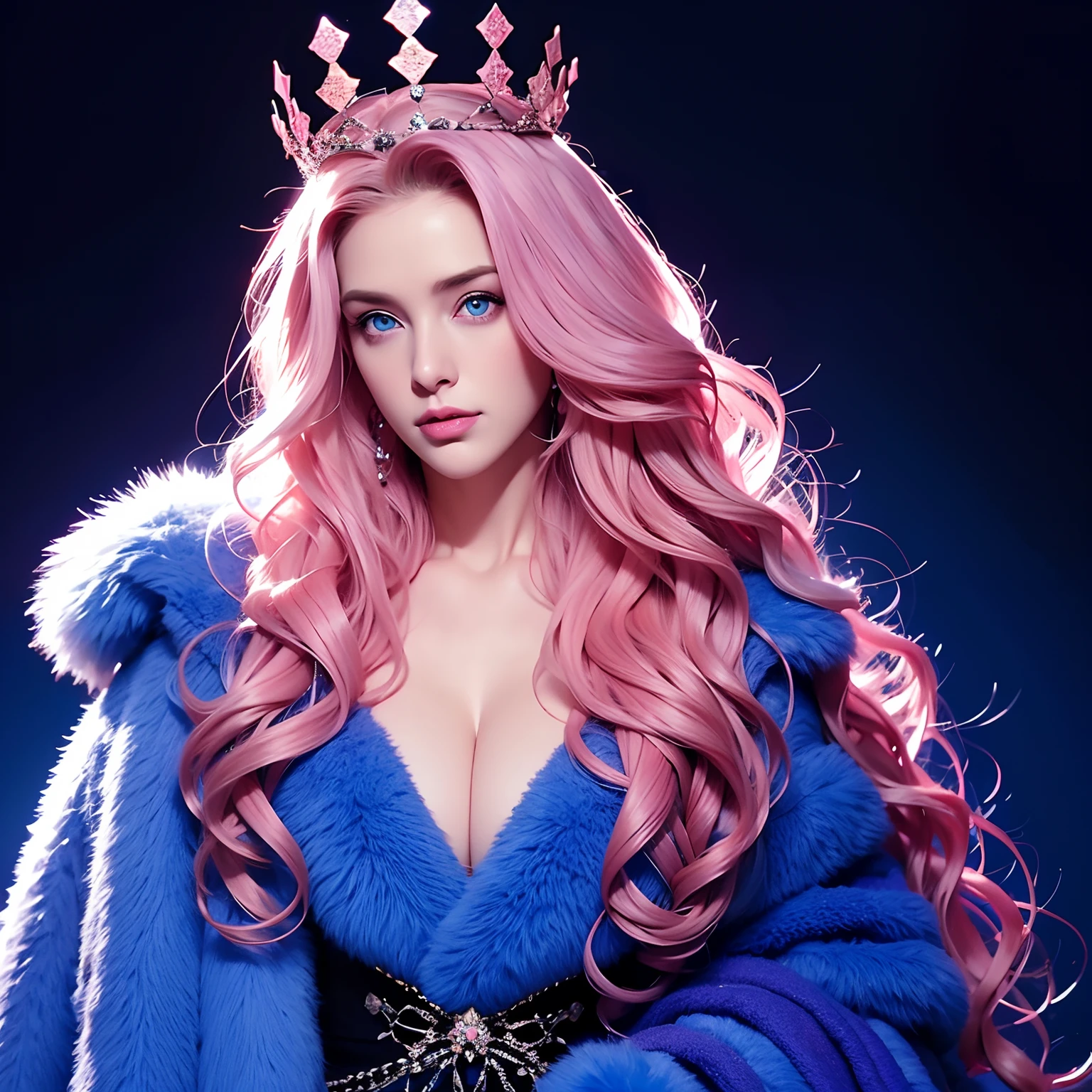 Woman, long curly hair, pink hair, blue eyes, Queen, crown, sexy outfit, fur coat, elegant, dark blue background