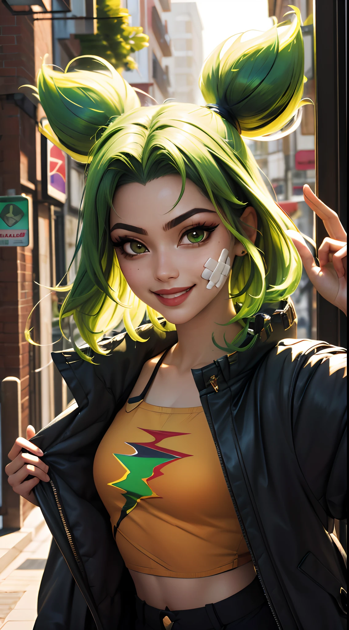 (masterpiece, best quality:1.2), intricate details, zeri \(league of legends\), 1girl, twintails, bangs, jacket, green hair, crop top, bandaid on face, light smile