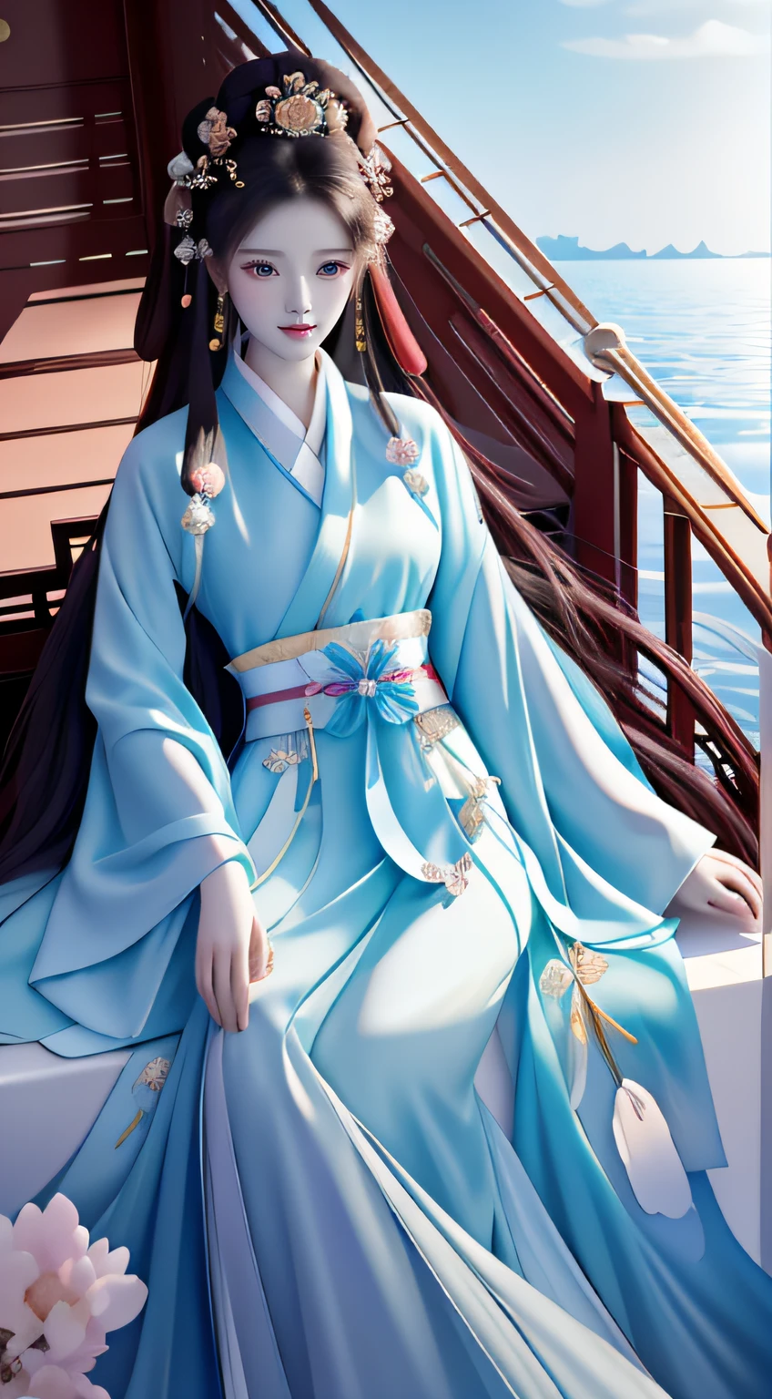 There was a woman on board,There are petals in the water, Palace , A girl in Hanfu, Guviz, a beautiful fantasy empress, by Yang J, ((a beautiful fantasy empress)), Beautiful character painting, Guviz-style artwork, queen of the sea mu yanling, White Hanfu, beautiful teenage girl, beautiful fantasy art