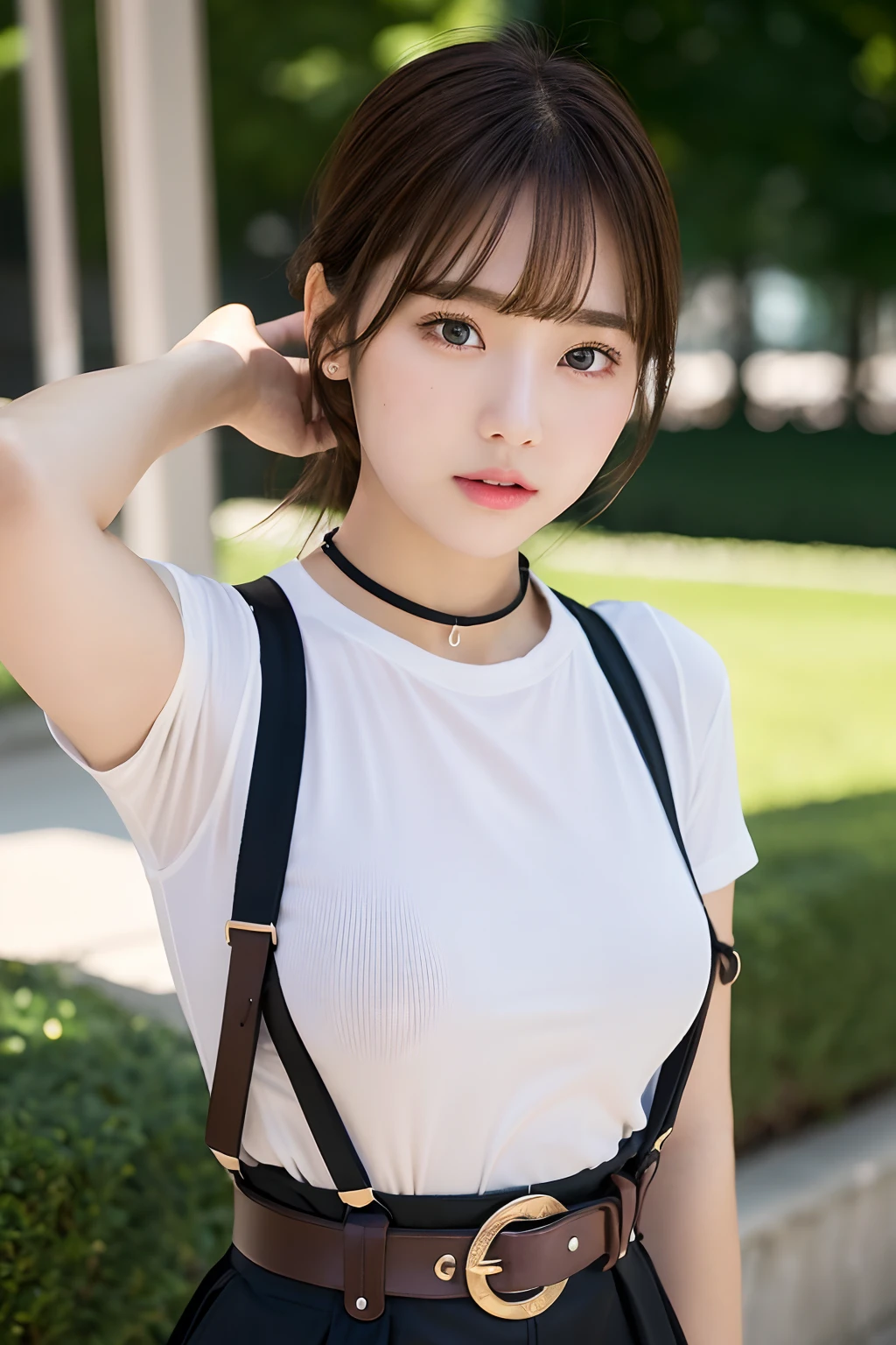 Best Quality Detail:1.2, realisitic, 8K UHD, hight resolution, 1girl in:1.2, The ultra-detailliert, High quality textures, intricate detailes, detaileds, Very detailed CG, High quality shadows, Detail Beautiful delicate face, Detail Beautiful delicate eyes, depth of fields, Ray traching, in her 20s, Pretty Kpop Girl, Korean Urzan Face:1.1, Slender face, ulzzang -6500-v1.1:0.6, pureerosface_v1, gloweyes, teak, Glossy lips, perfectbody, a choker、cleavage of the breast、 Brown hair、poneyTail:1.1, Street, Particle, look at viewr, Photorealsitic:1.4, ultra-detailliert, photos realistic, 4K 8K UHD Full Color RAW Photos, Fuji Film(Medium format:1.2), Hasselblad:1.2, Carl zeiss:1.1, Incredible dynamic range photography(UTIL_Art by Smoose-768:1.1), hight resolution, High pixel count, clear details, crisp image, Natural color reproduction, Noise Reduction, High fidelity, qulity, Software Improvements, Upscaling, Optimized algorithms, Pro-level retouching、((Shibuya, tokyo prefecture))、On the way to shopping、((Fashionable clothes with a very high design))、graphic t-shirt: Art and Logos、Graphic T-shirts printed with anime characters are trending.、Used for unique styling