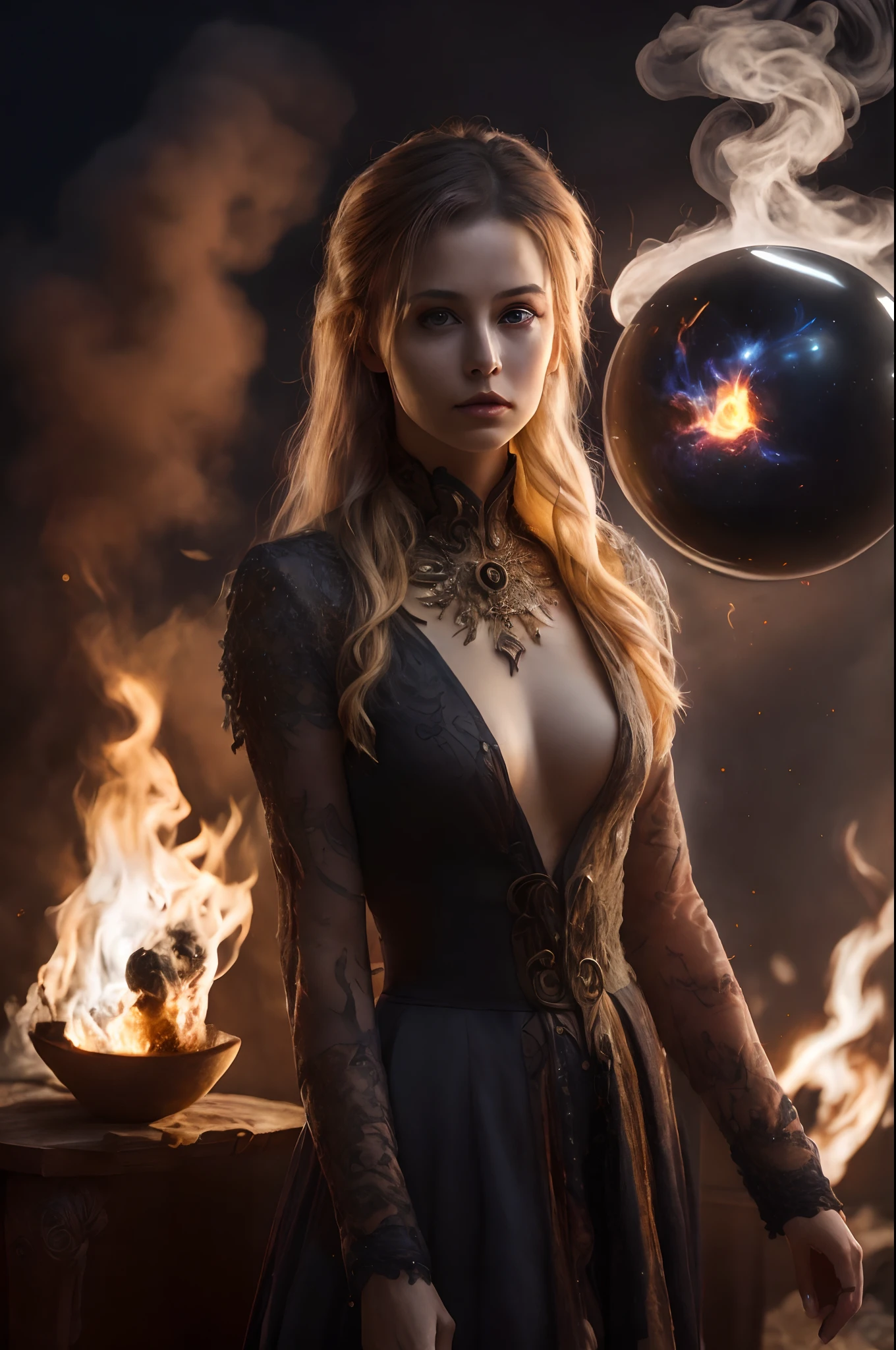 (realistic photo:1.5), (((high resolution photo))), (((extremely detailed))), ((masterpiece)), dramatic shadows, depth of field, 35 mm, (((best quality))), (realistic: 1.4), perfect woman in entire cration, in the background a magic sphere  with fire particles 
and swirl colorful smoke on dark, highly realistic, a minuscule amount of clothing, hyperrealism,  naturally elaborated skin, direct gaze