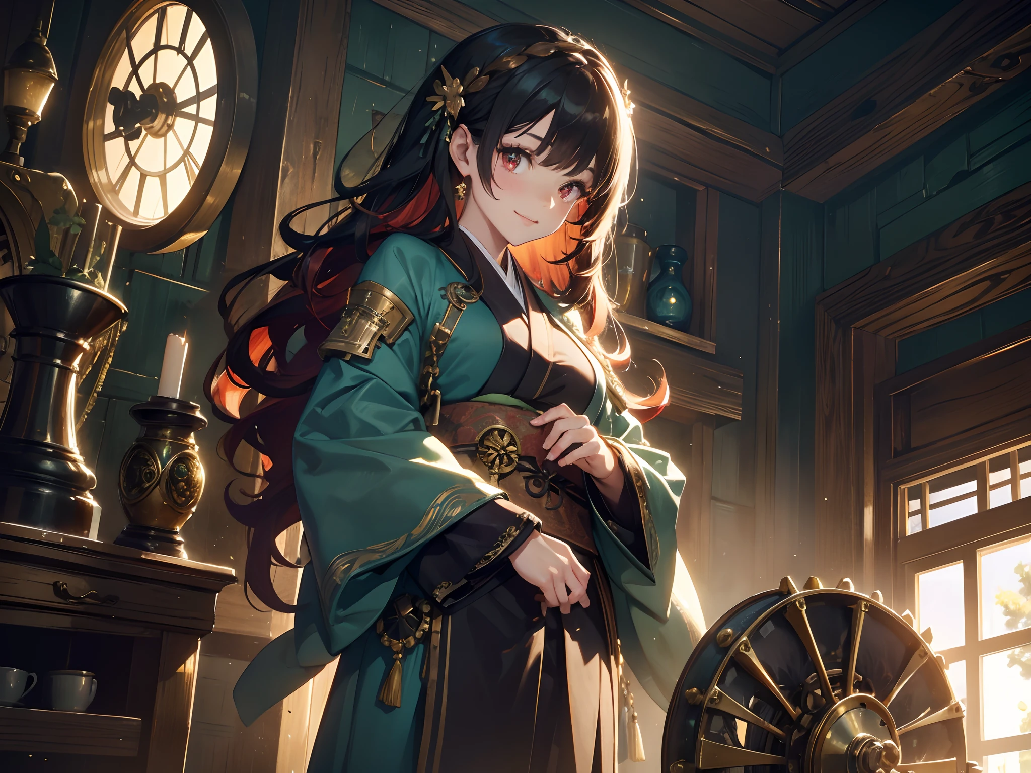 {{masterpiece}}, top-quality, Delicate background,Ultra-detailed CG Unity,8k wallpaper, lensflare, Detailed beautiful eyes,a 20 yo woman,dame,Longhaire,waved hair,curly hair,kindly smile,Black-red hair,Red eyes,Breton Hut,Gear Costume,Brass surrounding the gemstone,Glittering Gemstones,Victorian,brass,Rust,steampunc,((Green Kimono)),Big,gear wheel,(Perfect Anatomy),Steampunk background,Large clock tower,Decadent,Gear Wheel Twist,perfect hand.