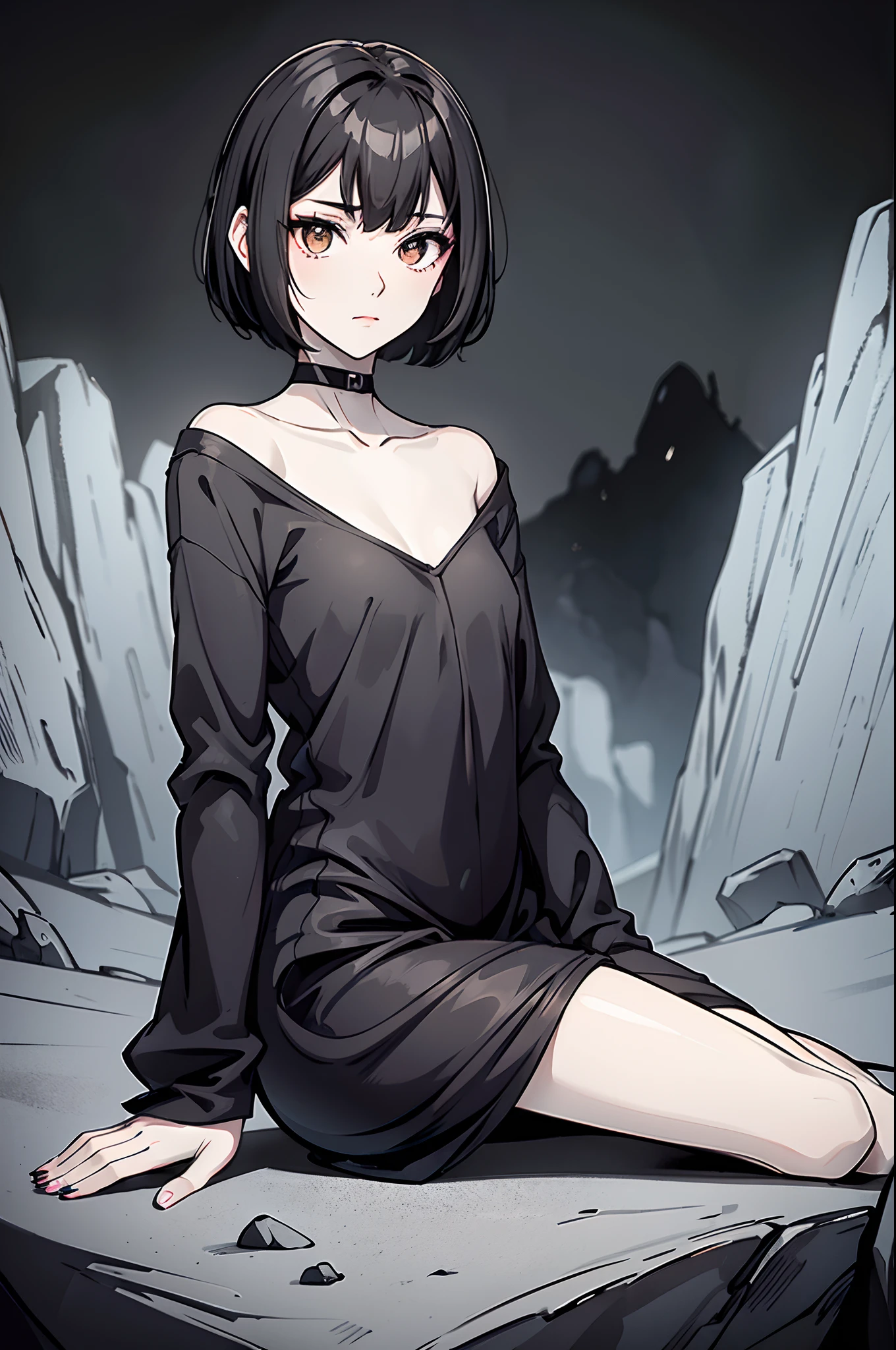 bat women, small, pale skin, black hair, short hair brown eyes, black lips, black clothing, barefoot, shy, cave background, stone background,