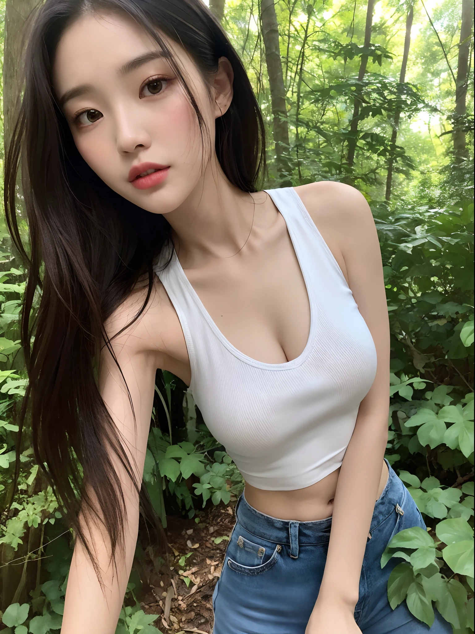 （（best qualtiy，8k，tmasterpiece：1.3）），1girll，Pretty woman who emphasizes slender abs：1.3，（random hair style：1.2），oversized tank top：1.2，Super detailed face，Detailed eyes，二重まぶた，In a forest with a waterfall