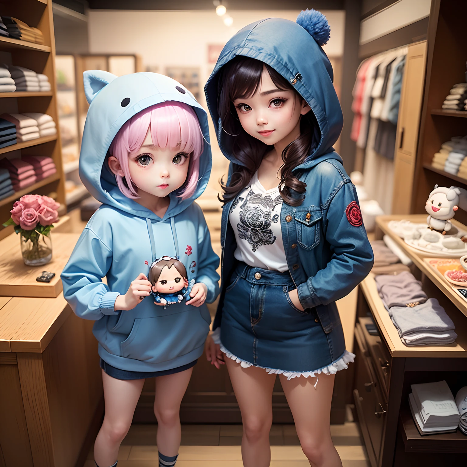 masterpiece、top-quality、ultra-detailliert、(The daughter of a one-man chibi character:1.2)、White Bob、(Blue Denim Hooded Coat:1.2)、(Blue Denim Camisole:1.1)、(Blue Denim Long Skirt:1.2)、Ornate embroidery of roses throughout、espadrilles、Standing、A smile、Inside a chibi denim shop