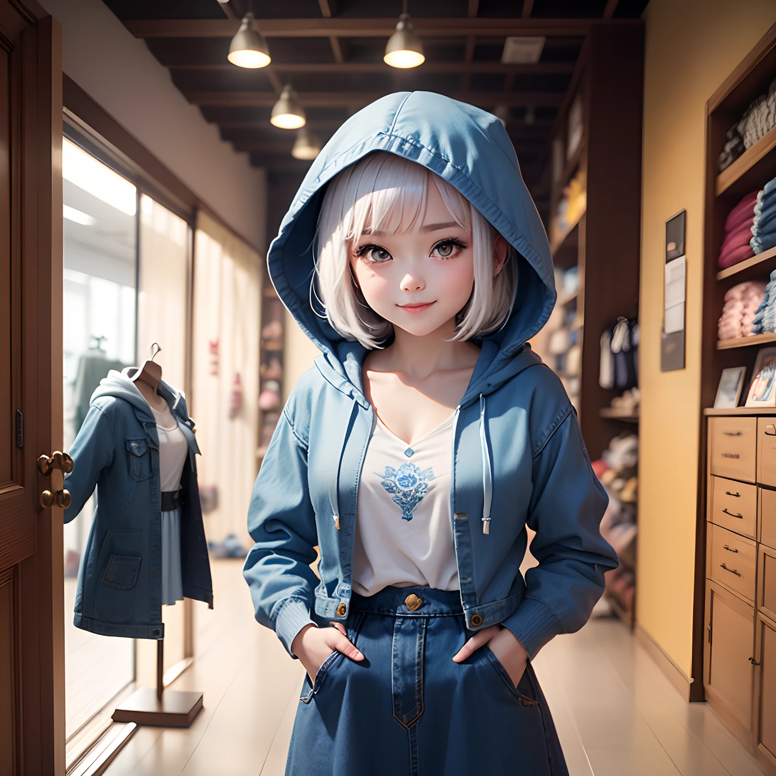 masterpiece、top-quality、ultra-detailliert、(The daughter of a one-man chibi character:1.2)、White Bob、(Blue Denim Hooded Coat:1.2)、(Blue Denim Camisole:1.1)、(Blue Denim Long Skirt:1.2)、Ornate embroidery of roses throughout、espadrilles、Standing、A smile、Inside a chibi denim shop