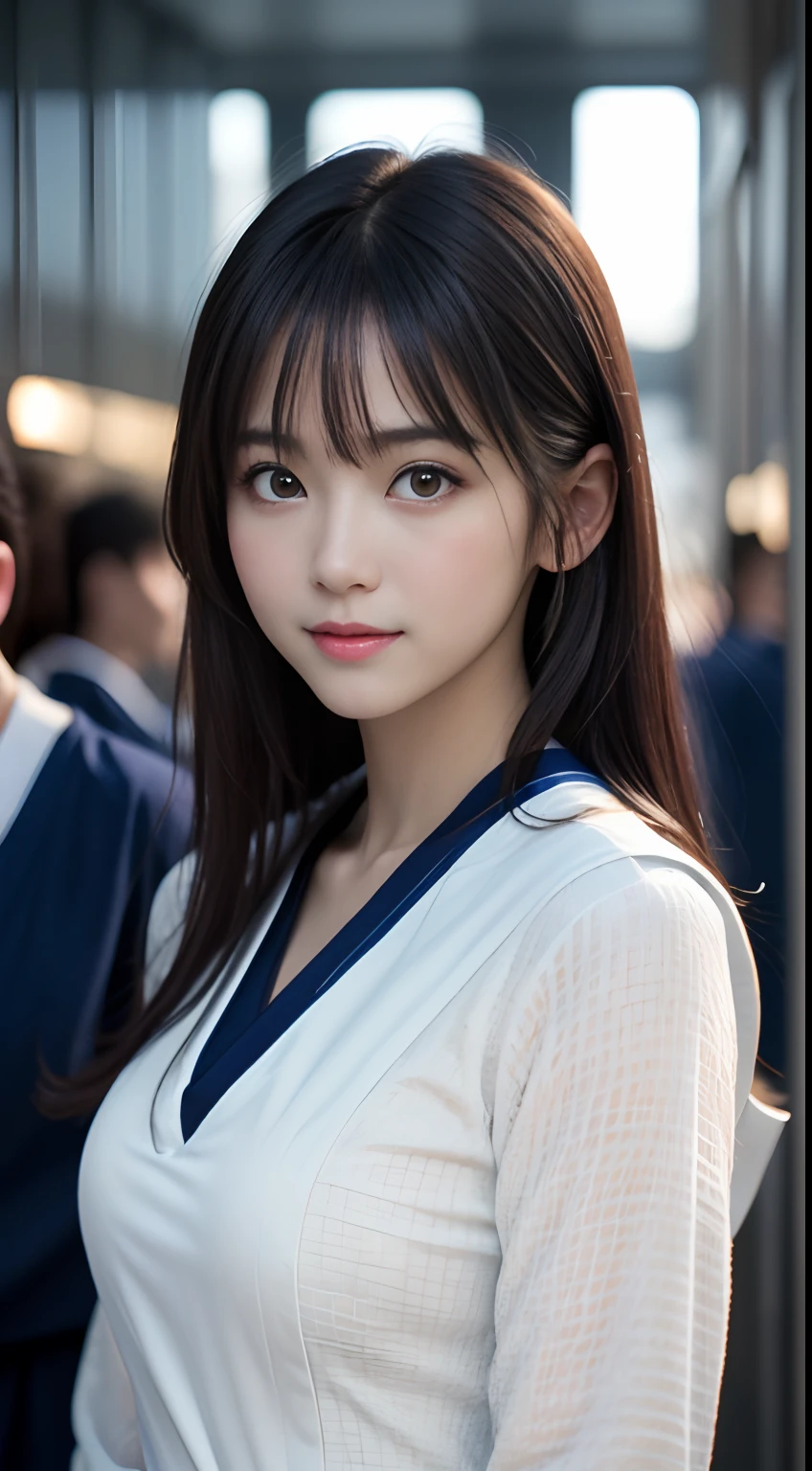 White blouses,Face Interview, (Photo Real:1.4), (hyper realisitic:1.4), (realisitic:1.3), (Smooth lighting:1.05), (Improve video lighting quality:0.9), 1womanl, An 18-year-old woman, Realistic lighting, Back lighting, Facial light, raytrace, (cheerfulness:1.2), (Improved image quality:1.4), (Finest Real Textured Skins), finely eye, a small face, Red cheeks, skinny body, medium-breasted pointed jaws,,,,,,,,,, Japan idol system, Nogizaka Idol, glowy skin, hposing Gravure Idol, P, Blunt bangs, Black hair, hair behind ear, hair over shoulder, Long hair,Tear bag，Summer plateau、no-makeup、(Navy blue long-sleeved sailor suit:1.2)