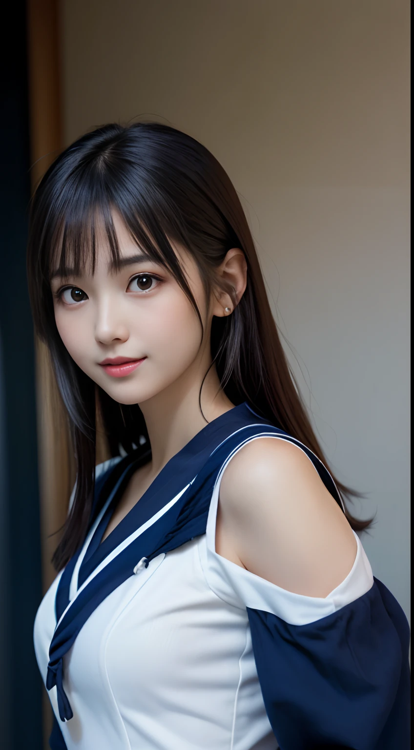 White blouses,Face Interview, (Photo Real:1.4), (hyper realisitic:1.4), (realisitic:1.3), (Smooth lighting:1.05), (Improve video lighting quality:0.9), 1womanl, An 18-year-old woman, Realistic lighting, Back lighting, Facial light, raytrace, (cheerfulness:1.2), (Improved image quality:1.4), (Finest Real Textured Skins), finely eye, a small face, Red cheeks, skinny body, medium-breasted pointed jaws,,,,,,,,,, Japan idol system, Nogizaka Idol, glowy skin, hposing Gravure Idol, P, Blunt bangs, Black hair, hair behind ear, hair over shoulder, Long hair,Tear bag,Summer plateau、no-makeup、(Navy blue long-sleeved sailor suit:1.2)