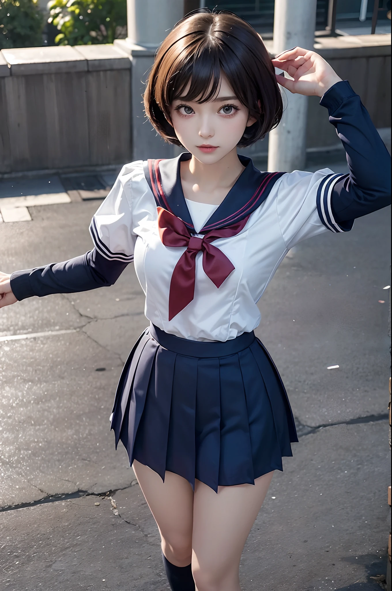 (Best Quality, masutepiece: 1.1), (fidelity: 1.4), girl with,    Pose Seductive、 ultra-short hair、 ((Sailor Uniform School Uniform Cosplay、)))
