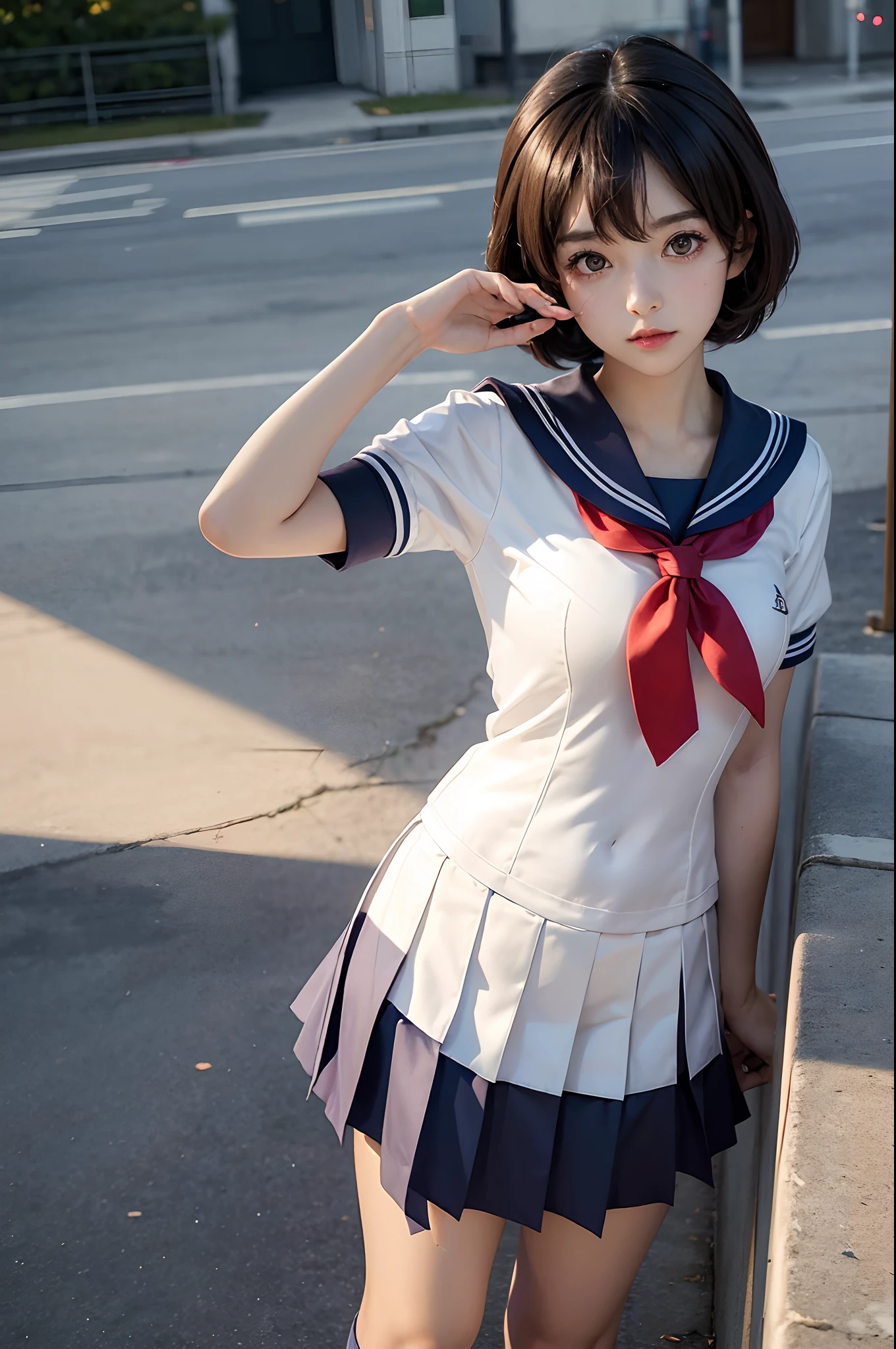 (Best Quality, masutepiece: 1.1), (fidelity: 1.4), girl with,    Pose Seductive、 ultra-short hair、 ((Sailor Uniform School Uniform Cosplay、)))