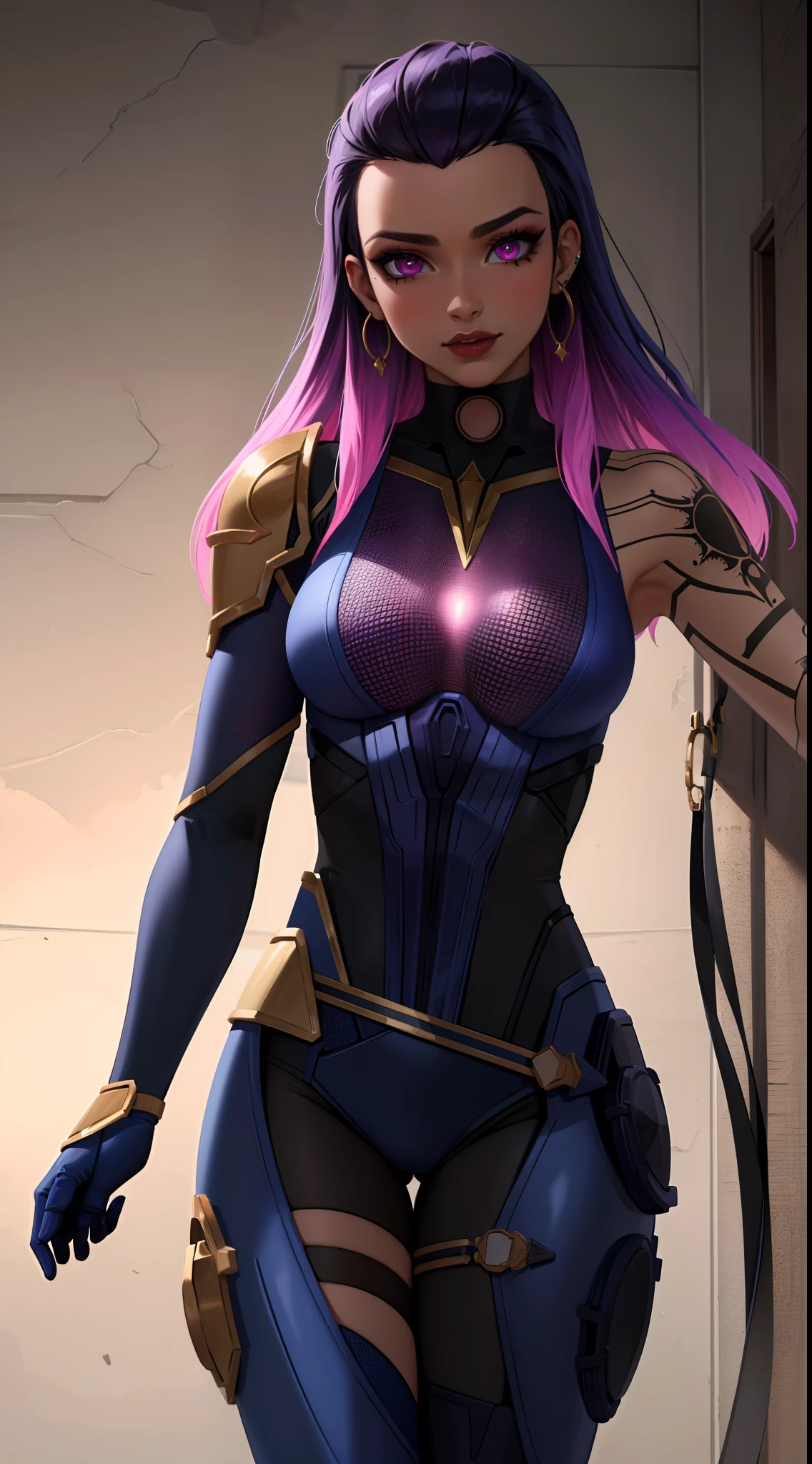 (masterpiece, best quality:1.2), intricate details, reyna, 1girl, bodysuit, multicolored hair, purple eyes, dark skin, makeup, tattoo, (mature female:1.2)