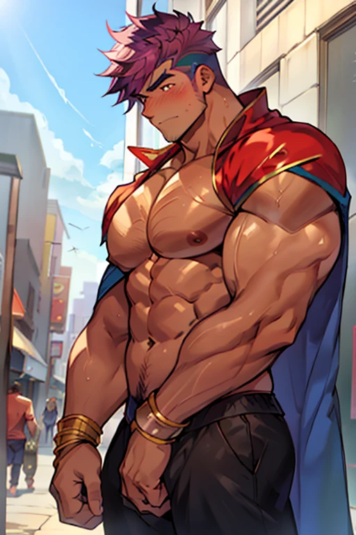1boy,male focus, shirtless, cape, bodybuilder, superhuman musculature,hyper muscular , super buff,ribbons,,l huge pectorals, 8 pack abs, giant muscles ,extremely masculine muscular character, ripped clothes, shirtless, huge bulge, ,solo,short hair, rainbow hair,outdoor,pants,closed mouth, extremely muscular masculine figure,off shoulder,city,muscular male, cape, magic, huge muscle,8 pack abs,closed mouth, blush, huge bulge, hadouken