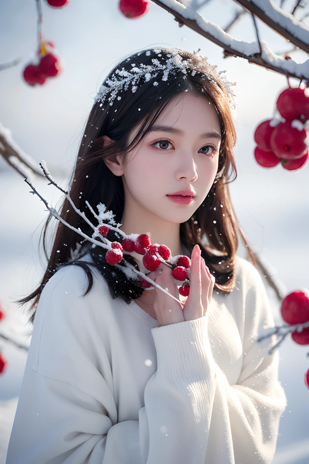 Snow scene Branches hung with red fruits Snowflakes are realistic