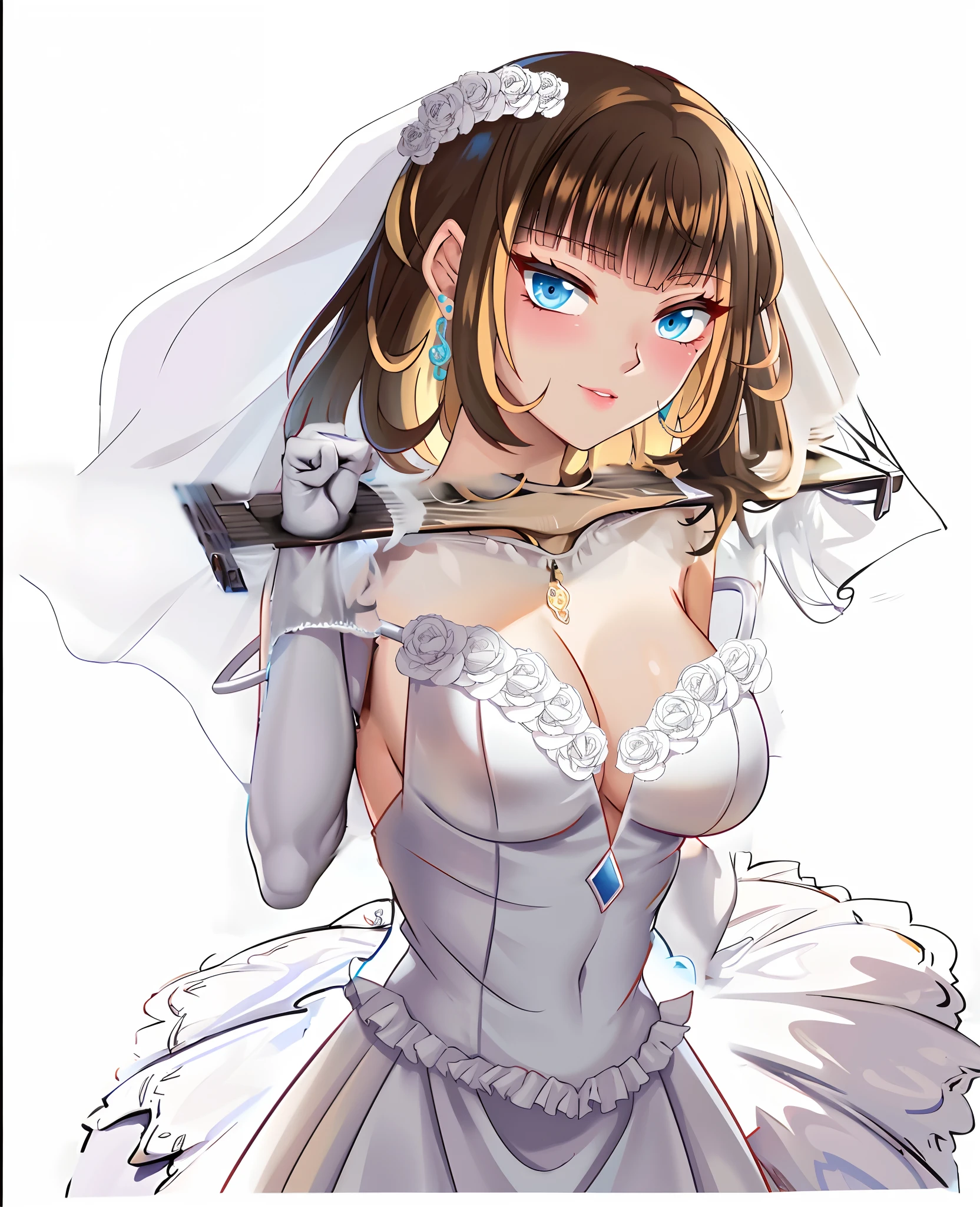 Close-up of a beautiful bride wearing a beautiful wedding dress, Gurwitz,(Pillory:1.5), (flail:1.2), flail on the head, flail on the hands,(bridal veil: 1.5), (transparent short veil: 1.5), flushed face, head flower, tiara, Very detailed princess wedding dress,(tube wedding dress: 1.5), (silk dress: 1.2 ), (strapless wedding dress: 1.5), (floor length skirt:1.2), pure white dress,white long skirt, necklace, earrings, (huge breasts: 1.3), deep V heart-neck wedding dress, bangs, lipstick, (lace gloves: 1.3), high detail RAW Color art,